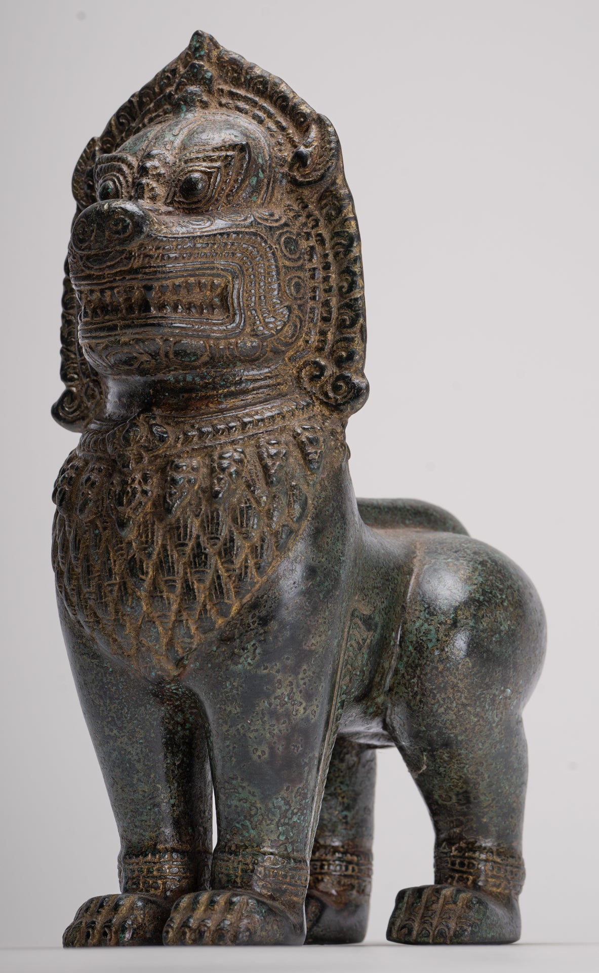 Temple Lion - Antique Khmer Style Bronze Standing Temple Guardian or Lion - 28cm/11"