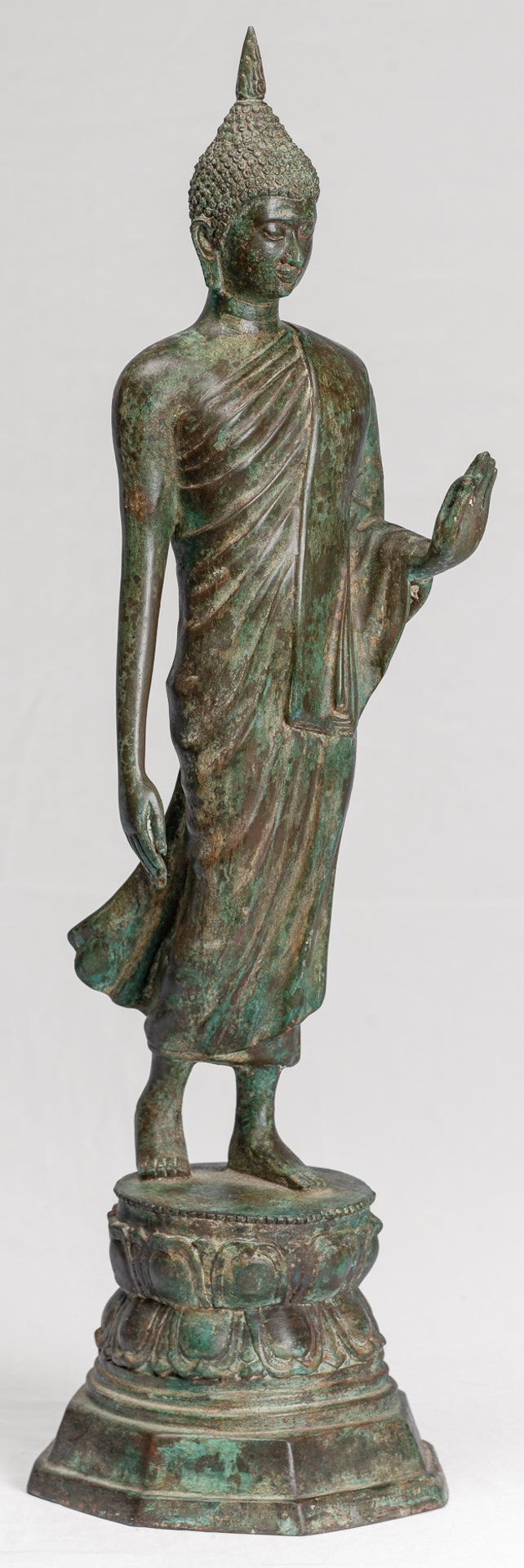 Antique Sukhothai Style Standing Bronze Thai Protection Walking Buddha Statue - 57cm/23"