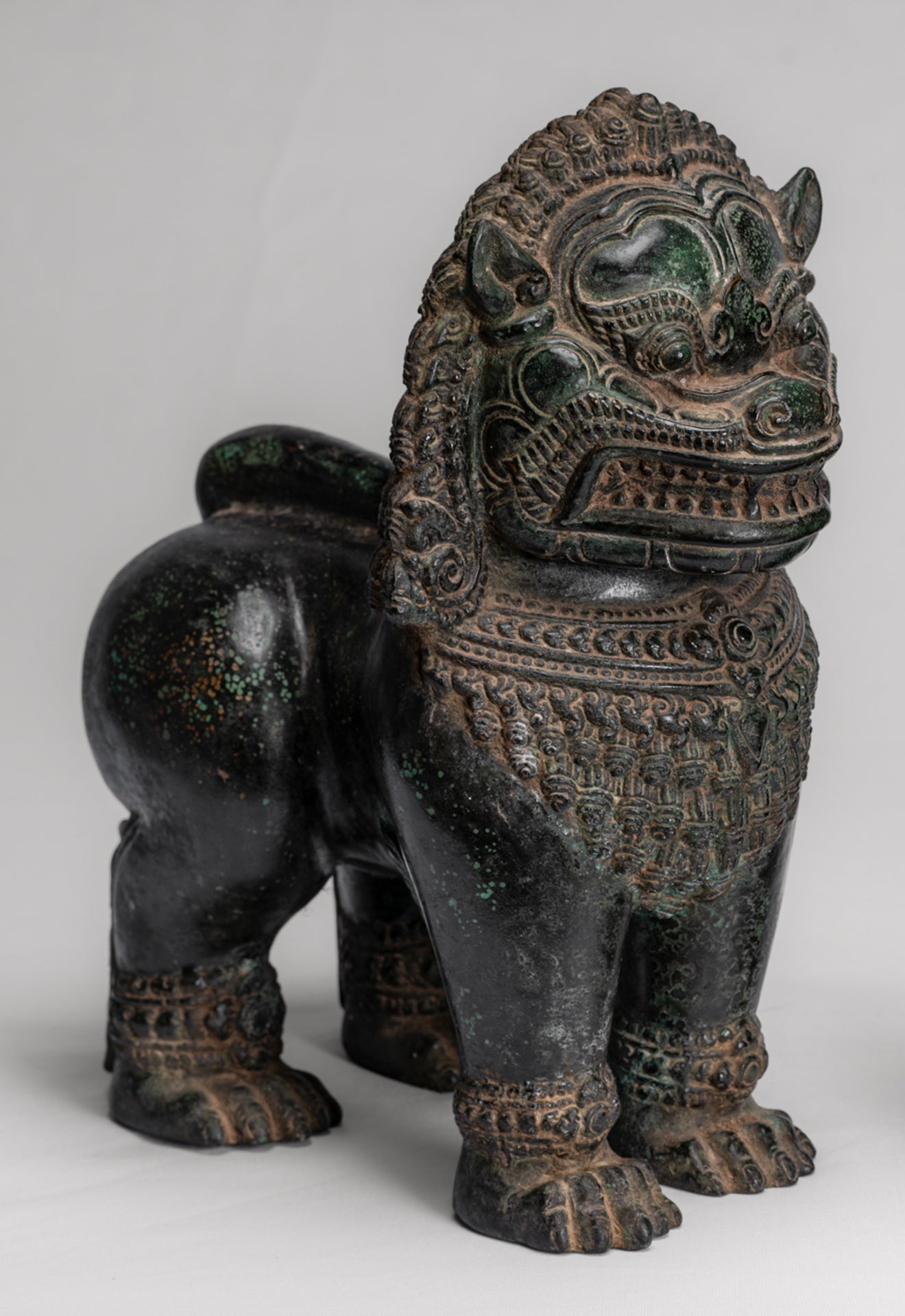 Temple Lion - Antique Khmer Style Bronze Standing Temple Guardian or Lion - 31cm/12" (Pair)