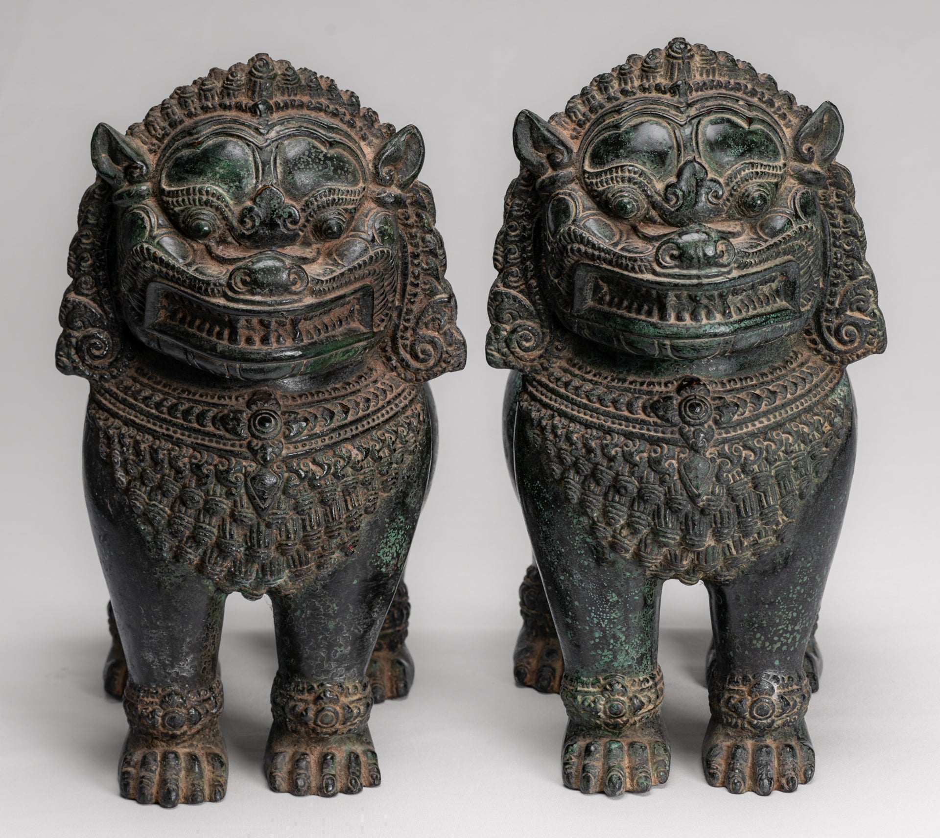 Temple Lion - Antique Khmer Style Bronze Standing Temple Guardian or Lion - 31cm/12" (Pair)