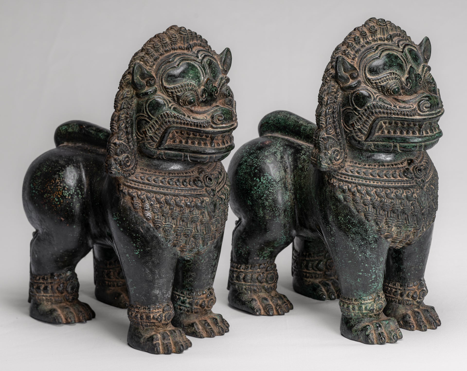 Temple Lion - Antique Khmer Style Bronze Standing Temple Guardian or Lion - 31cm/12" (Pair)