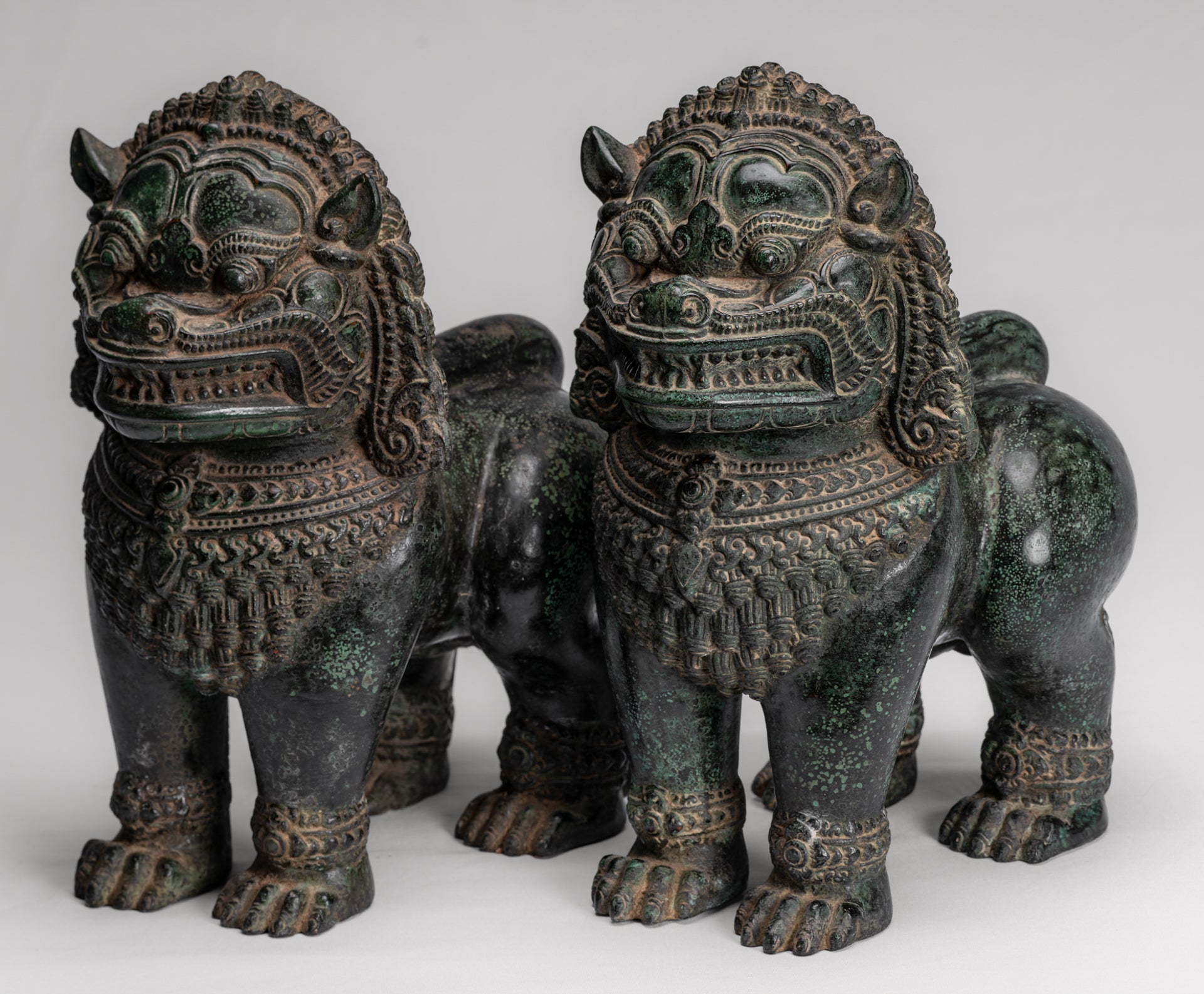Temple Lion - Antique Khmer Style Bronze Standing Temple Guardian or Lion - 31cm/12" (Pair)