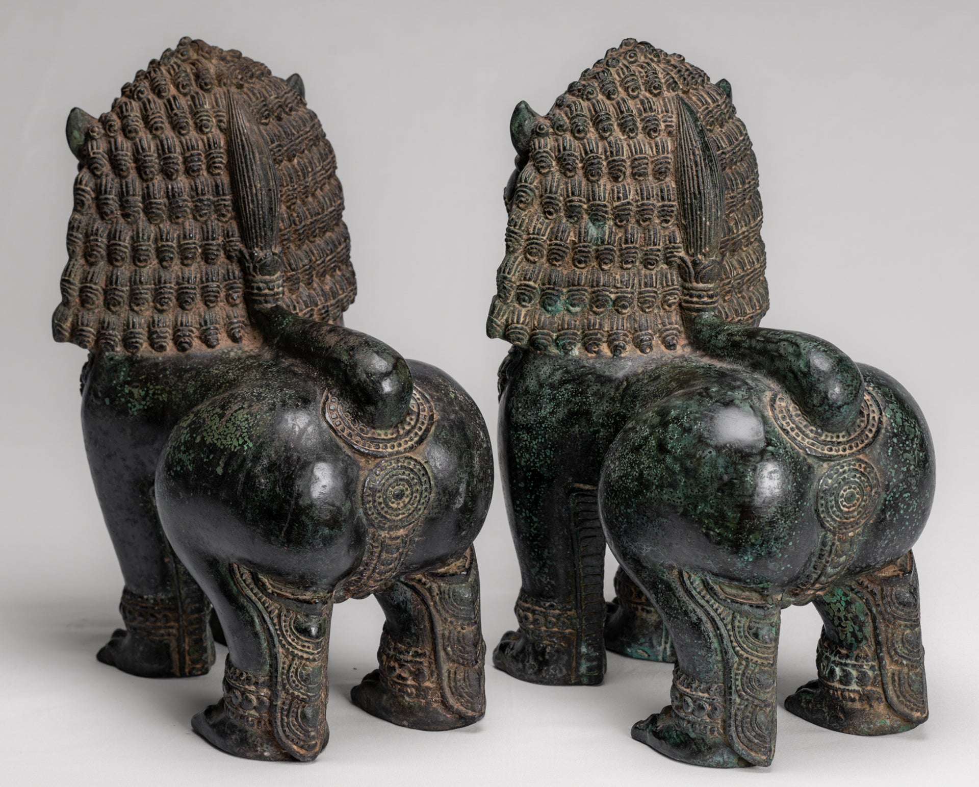 Temple Lion - Antique Khmer Style Bronze Standing Temple Guardian or Lion - 31cm/12" (Pair)
