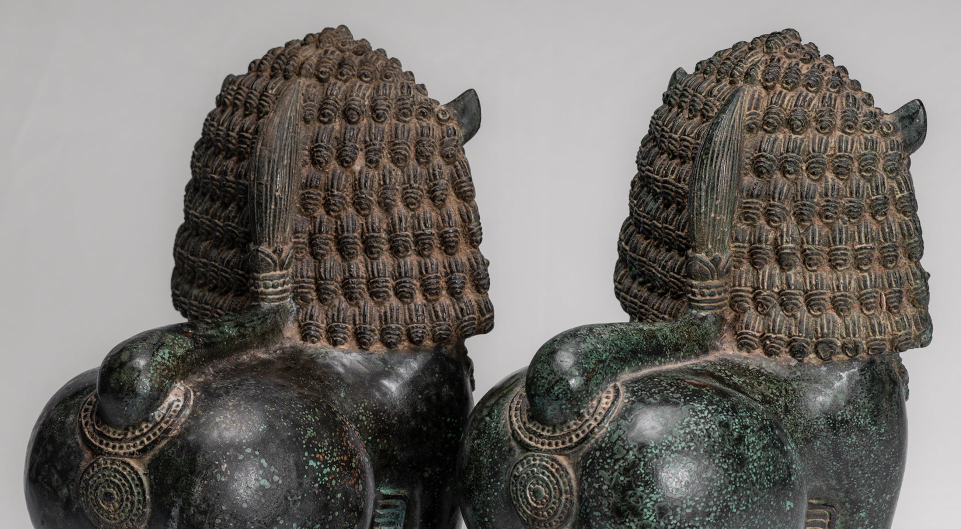 Temple Lion - Antique Khmer Style Bronze Standing Temple Guardian or Lion - 31cm/12" (Pair)