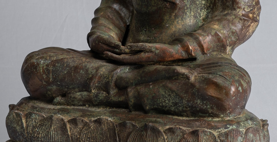 Indian Buddha Statue - Antique Gandhara Style Bronze Meditation Buddha Statue - 70cm/28"