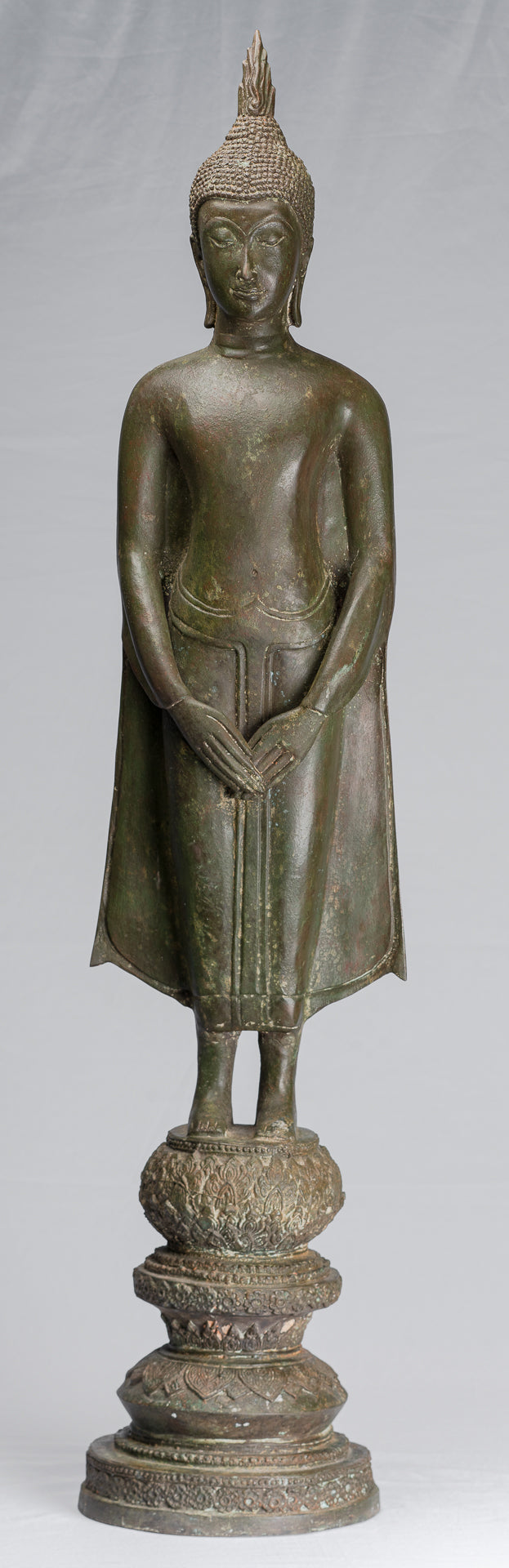 Stehende, nachdenkliche Buddha-Statue aus Bronze im antiken thailändischen Ayutthaya-Stil – 99 cm.
