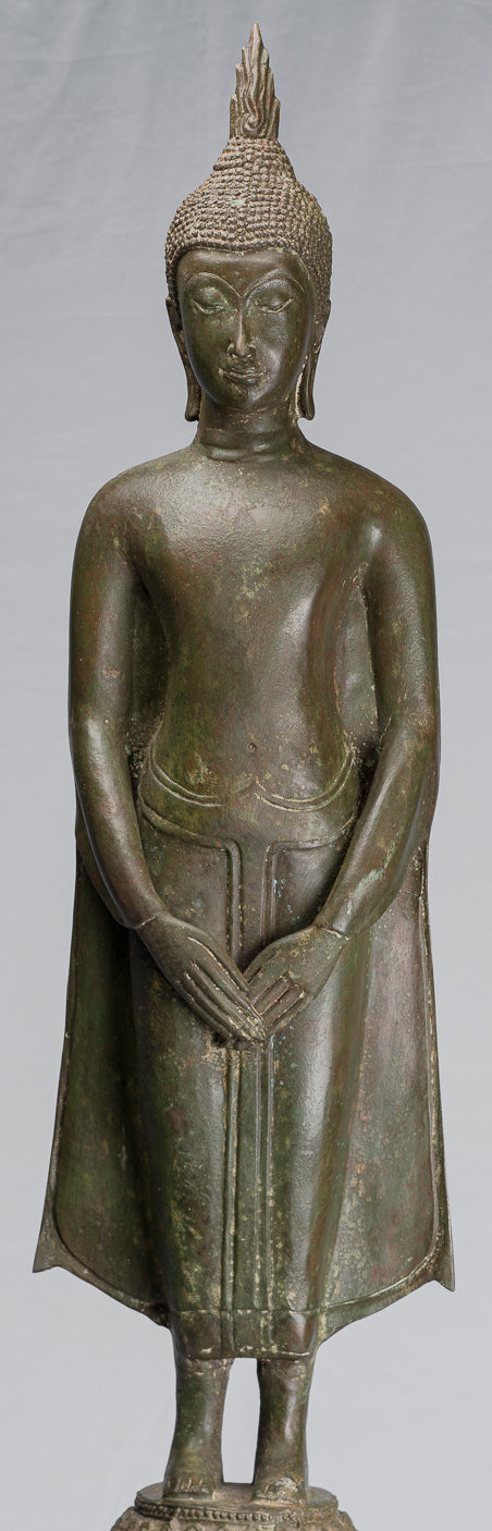 Stehende, nachdenkliche Buddha-Statue aus Bronze im antiken thailändischen Ayutthaya-Stil – 99 cm.