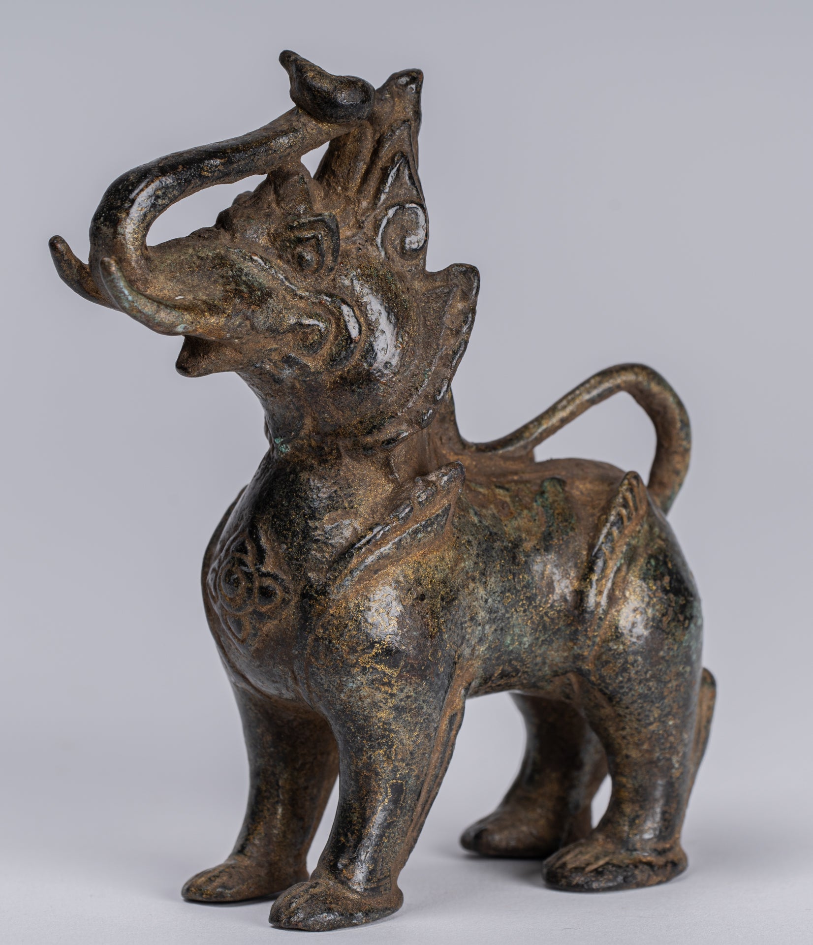 Bronzo di bronzo bronico antico Bronzo in piedi Chinthe Guardian Temple Lion - 11,5 cm/5 "