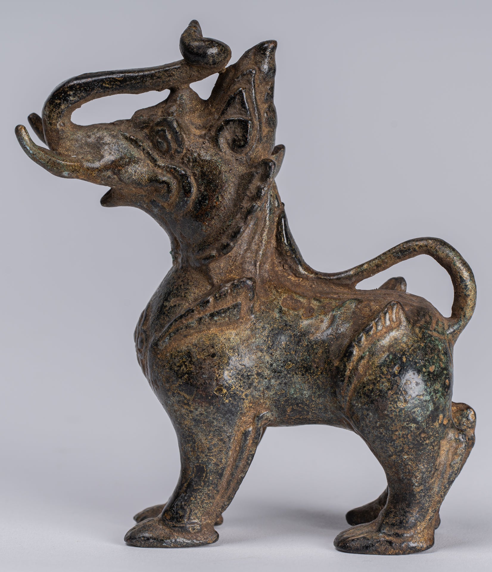 Bronzo di bronzo bronico antico Bronzo in piedi Chinthe Guardian Temple Lion - 11,5 cm/5 "