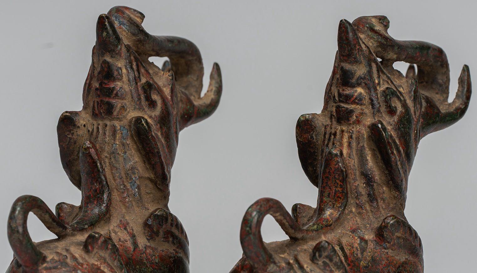 Antique Burmese Style Bronze Standing Chinthe Guardian Temple Lions - 11.5cm/5" (Pair)