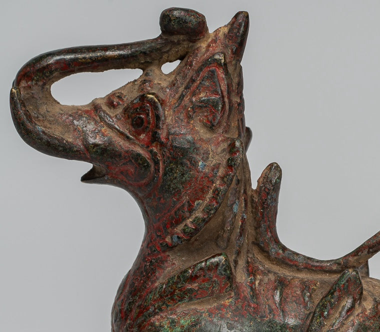 Antique Burmese Style Bronze Standing Chinthe Guardian Temple Lions - 11.5cm/5" (Pair)