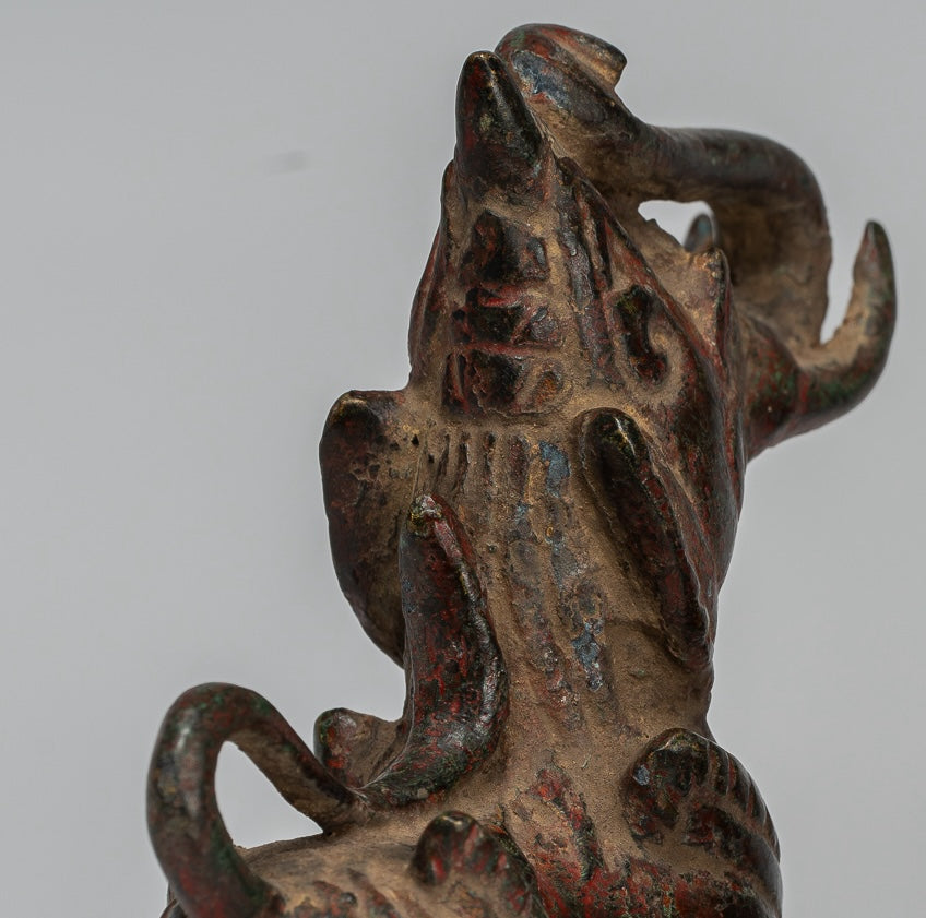 Antique Burmese Style Bronze Standing Chinthe Guardian Temple Lions - 11.5cm/5" (Pair)