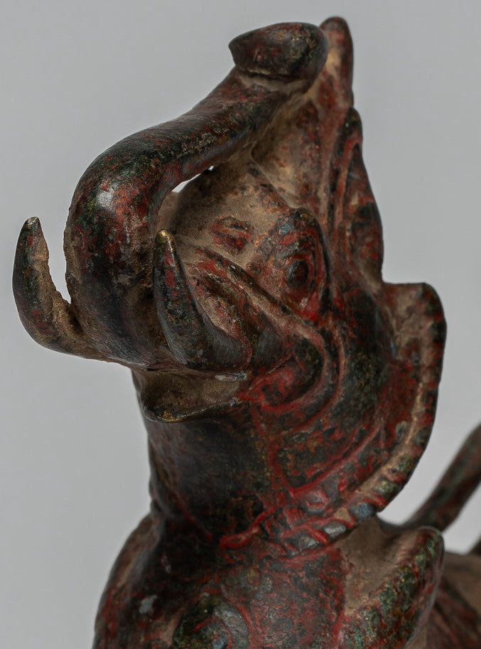 Antique Burmese Style Bronze Standing Chinthe Guardian Temple Lions - 11.5cm/5" (Pair)