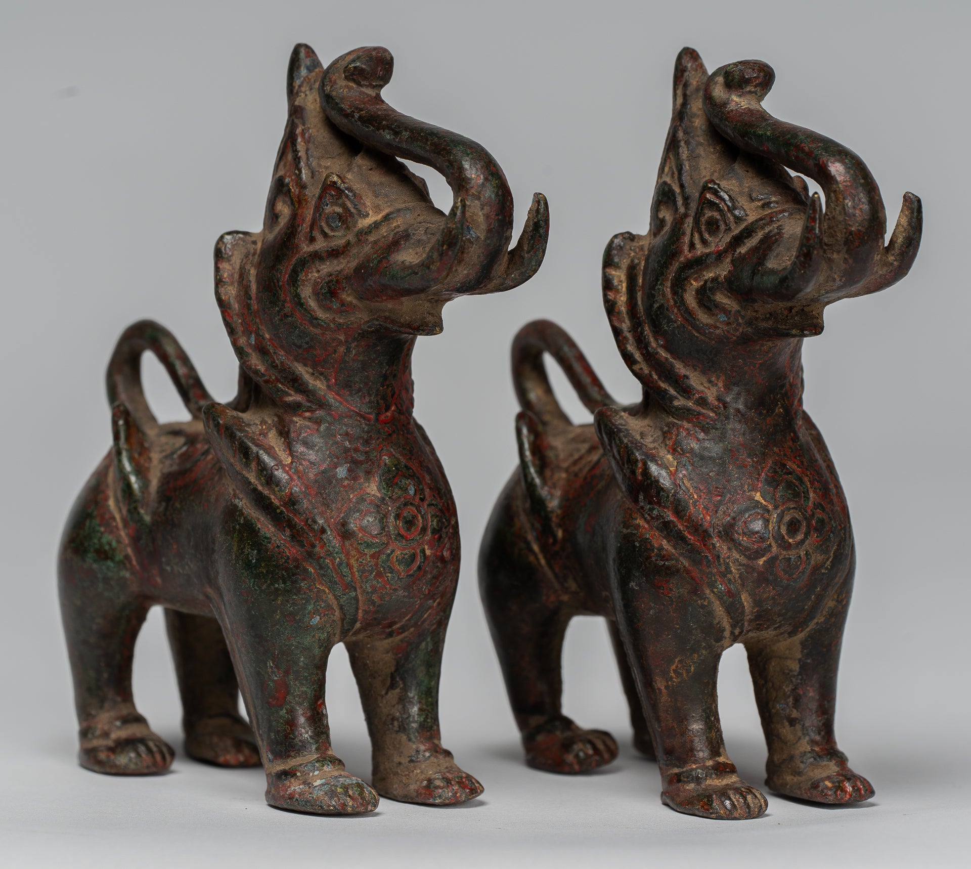 Antique Burmese Style Bronze Standing Chinthe Guardian Temple Lions - 11.5cm/5" (Pair)