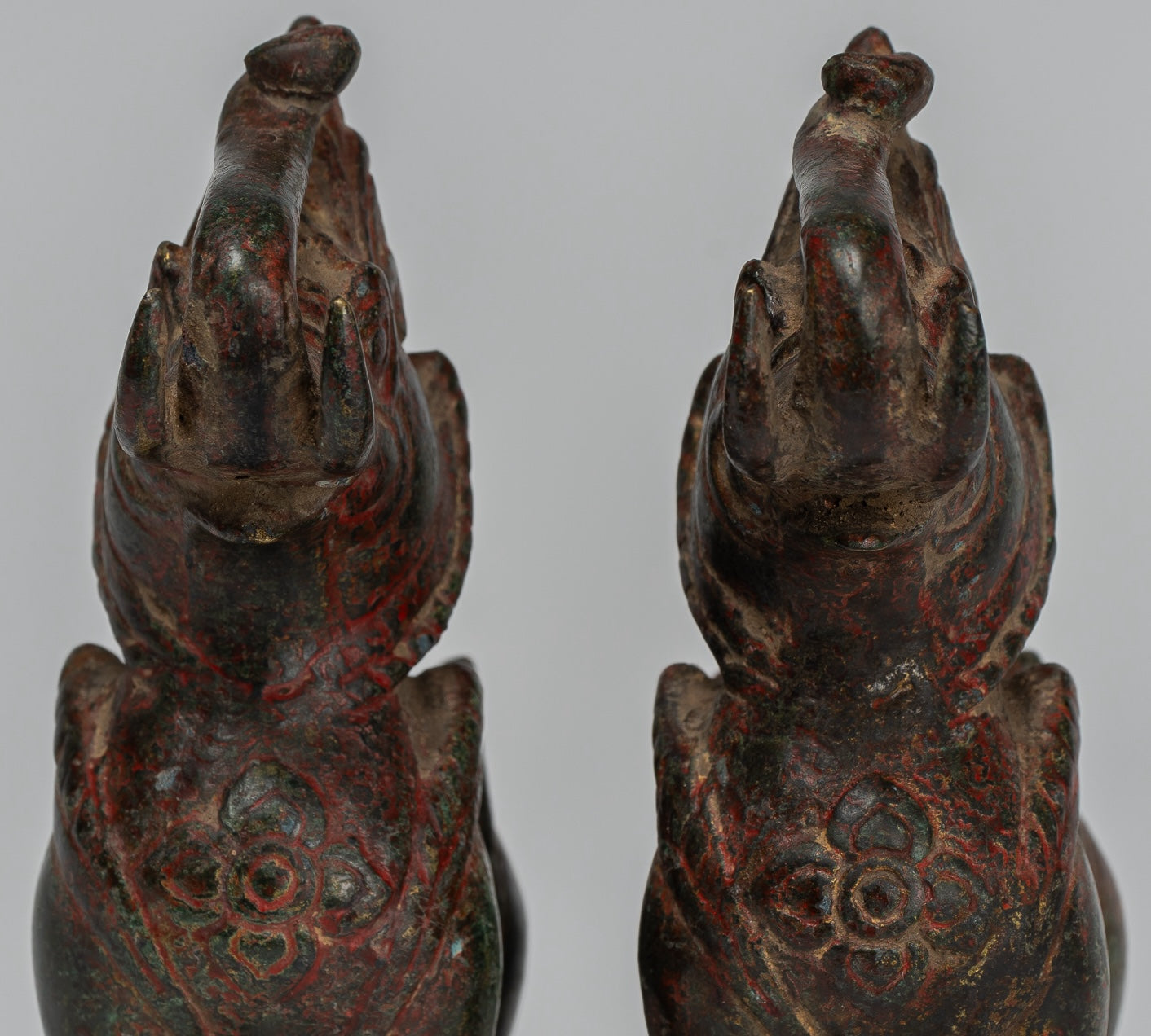 Antique Burmese Style Bronze Standing Chinthe Guardian Temple Lions - 11.5cm/5" (Pair)