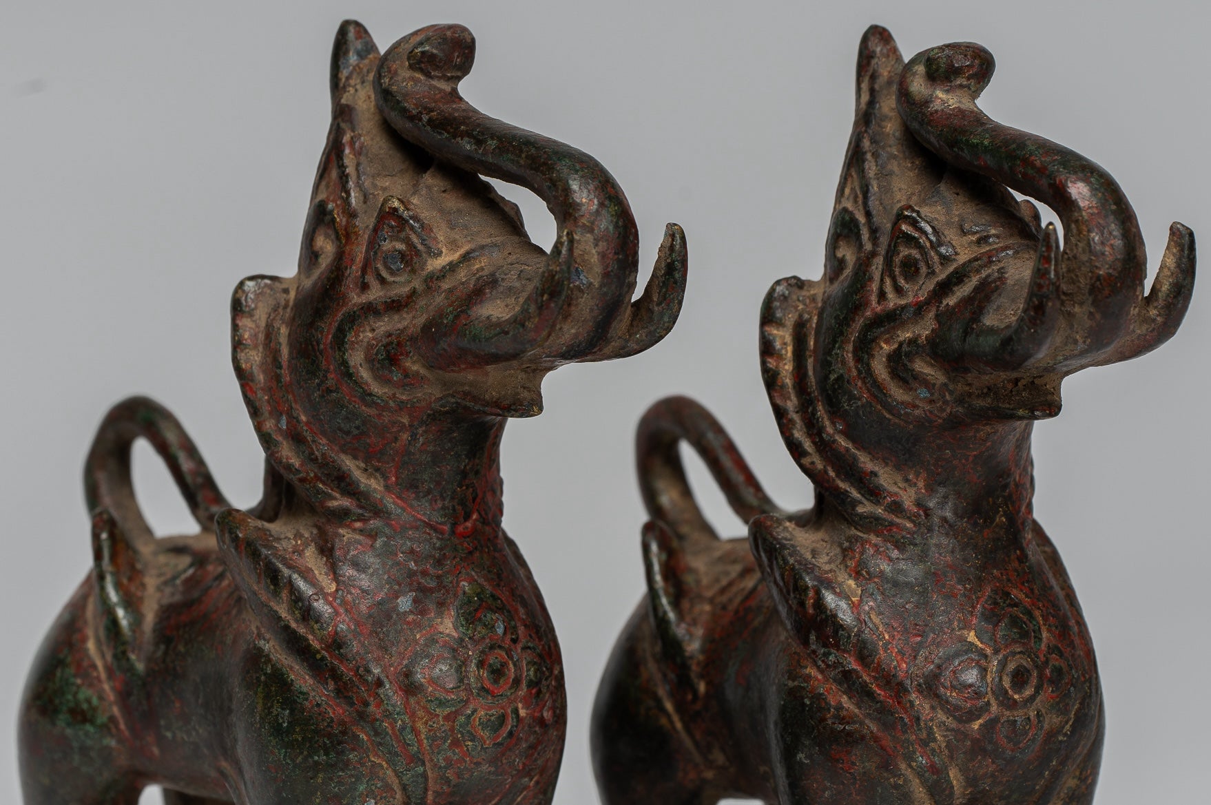 Antique Burmese Style Bronze Standing Chinthe Guardian Temple Lions - 11.5cm/5" (Pair)