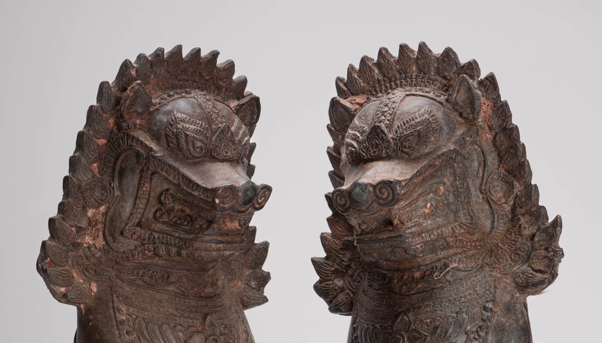 Temple Lion - Antique Thai Style Bronze Standing Singha Temple Guardians or Lions - 31cm/12" (Pair)