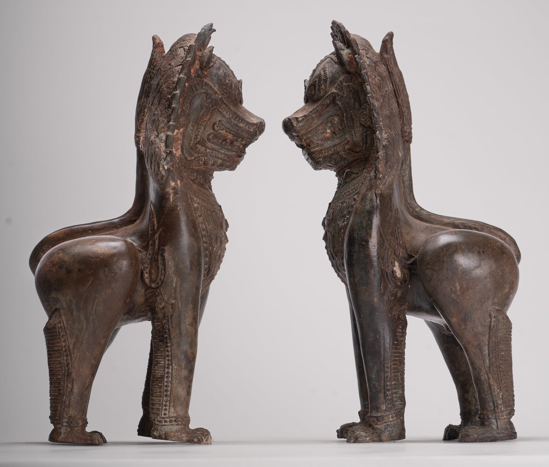 Temple Lion - Antique Thai Style Bronze Standing Singha Temple Guardians or Lions - 31cm/12" (Pair)