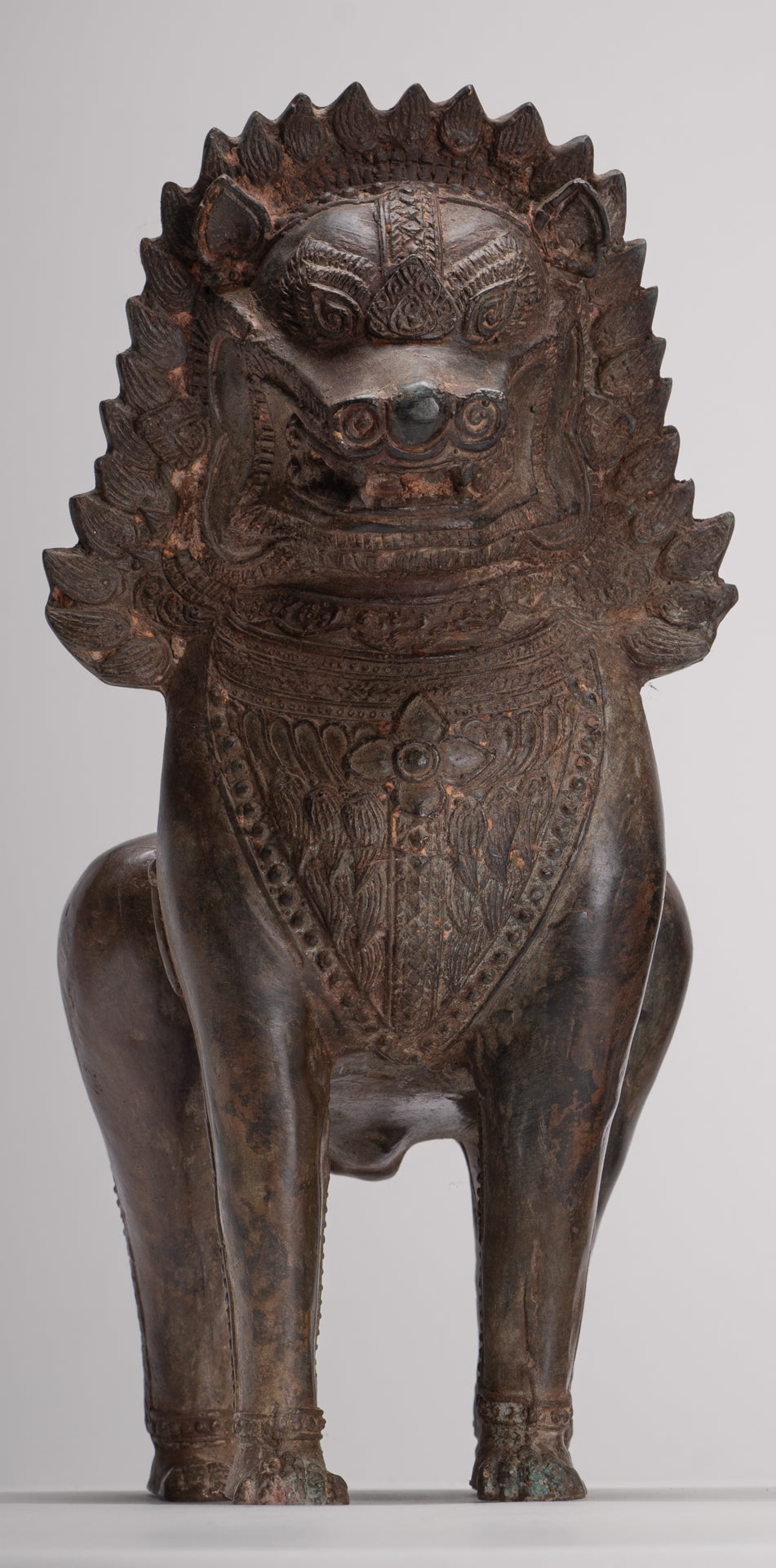 Temple Lion - Antique Thai Style Bronze Standing Singha Temple Guardians or Lions - 31cm/12" (Pair)