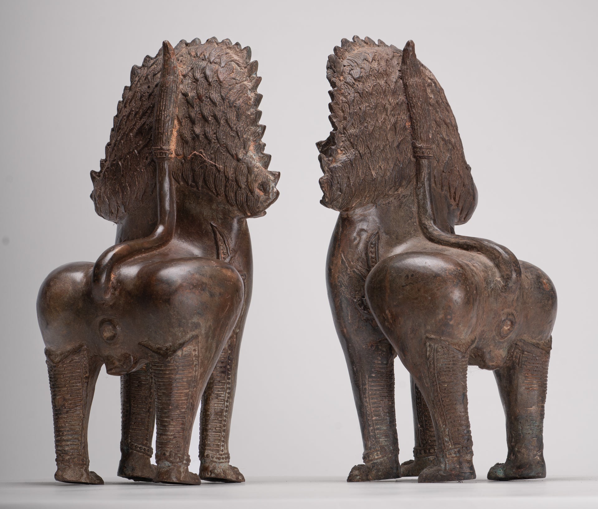 Temple Lion - Antique Thai Style Bronze Standing Singha Temple Guardians or Lions - 31cm/12" (Pair)