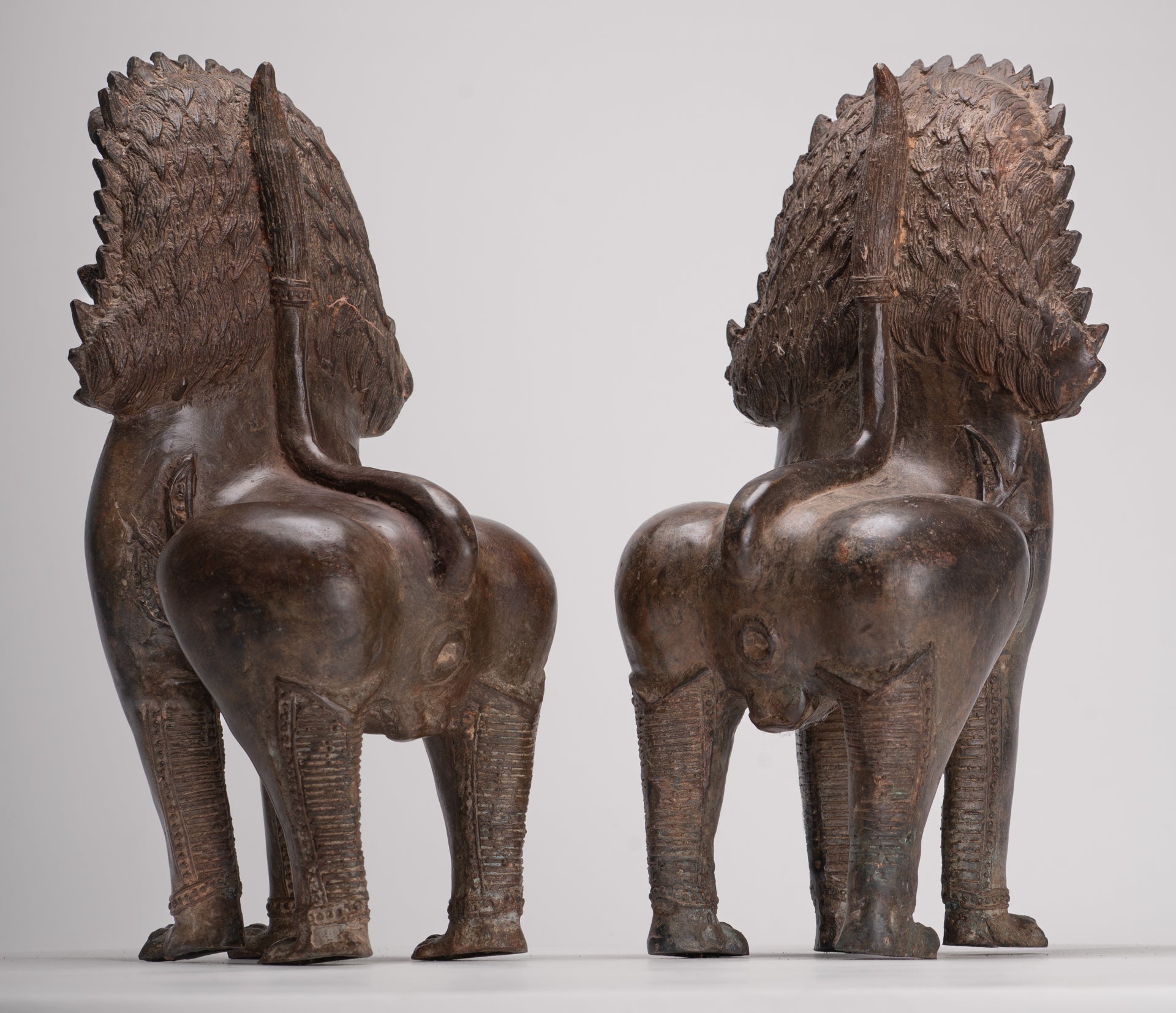 Temple Lion - Antique Thai Style Bronze Standing Singha Temple Guardians or Lions - 31cm/12" (Pair)