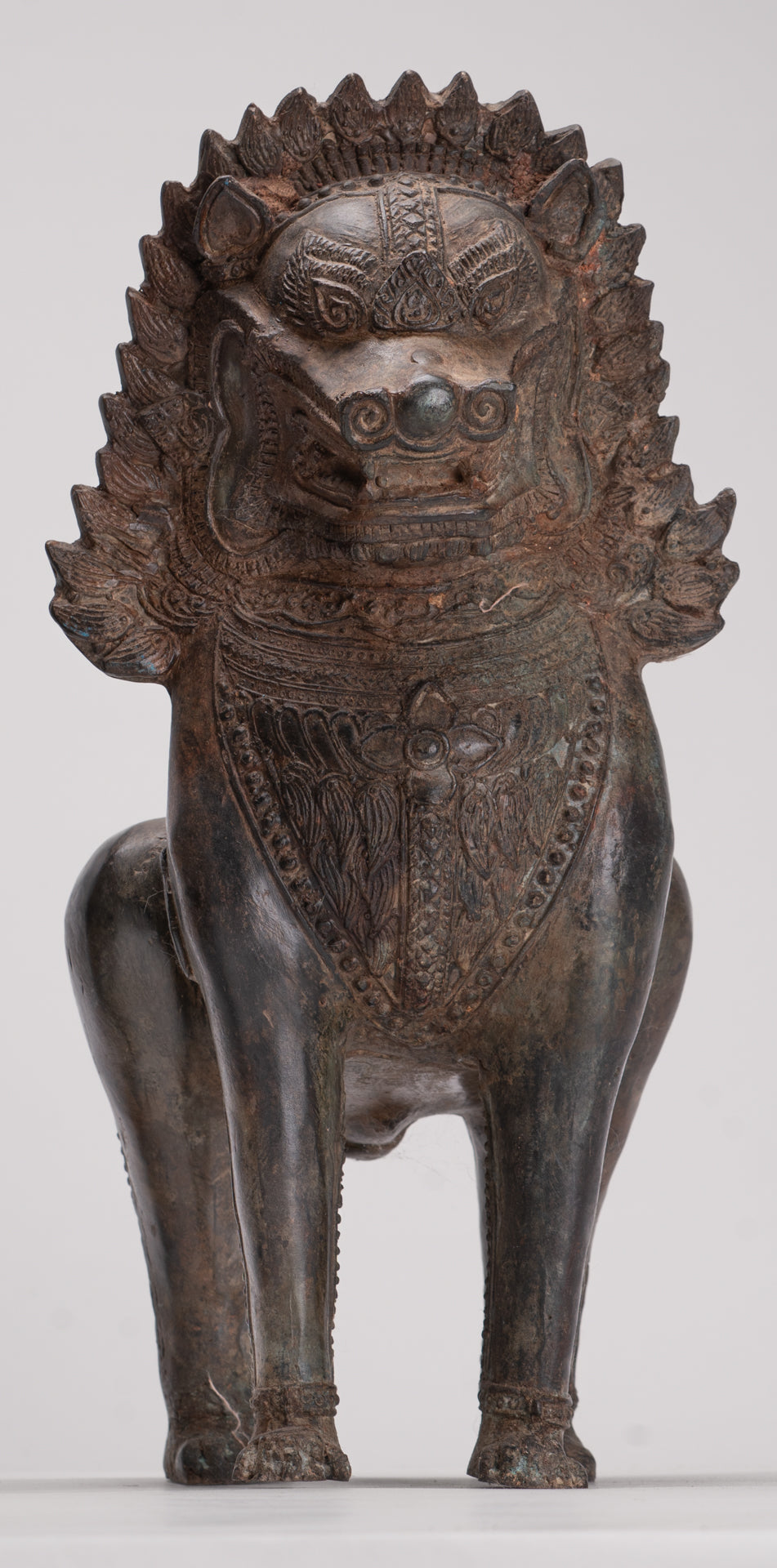 Temple Lion - Antique Thai Style Bronze Standing Singha Temple Guardians or Lions - 31cm/12" (Pair)