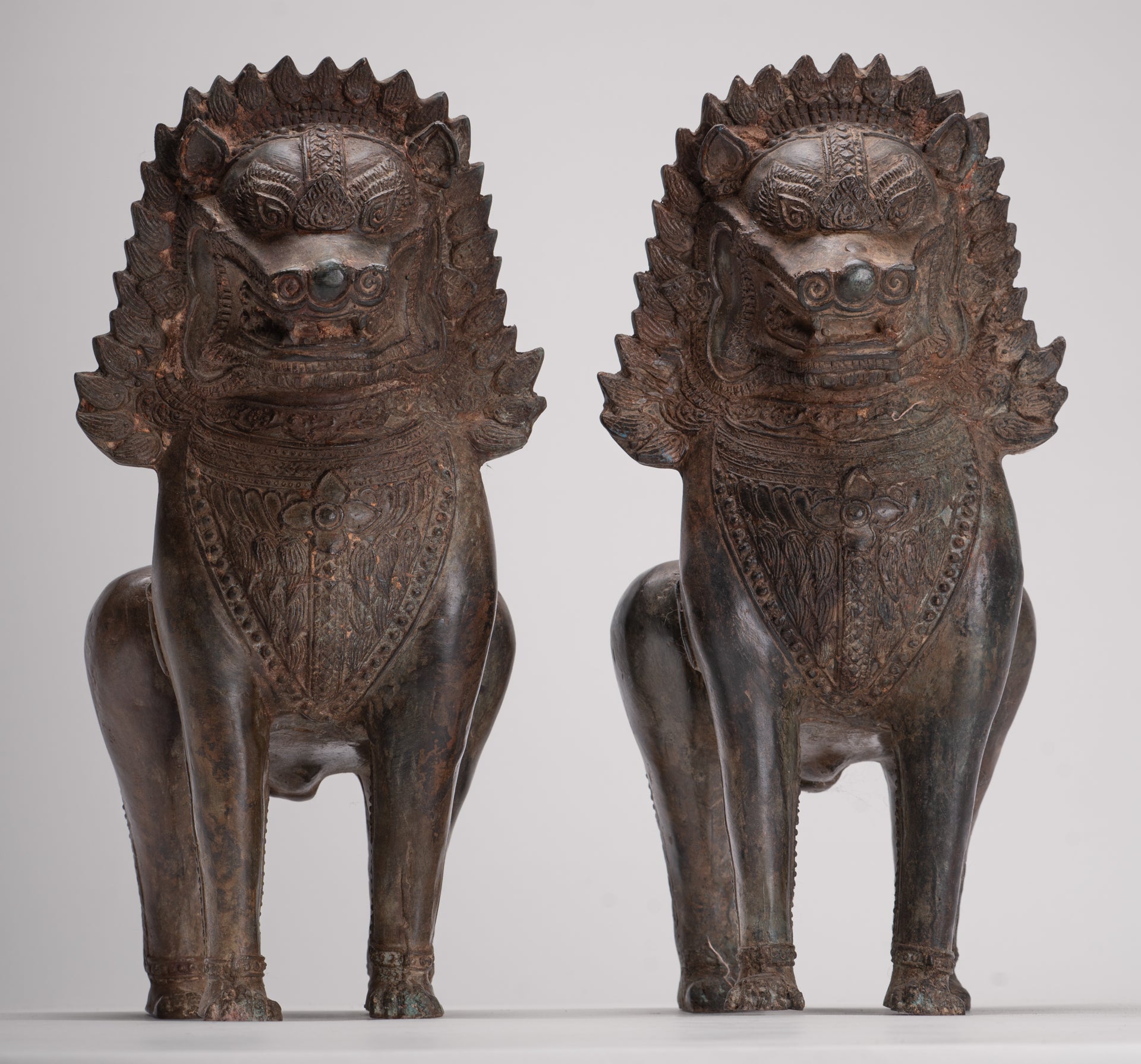 Temple Lion - Antique Thai Style Bronze Standing Singha Temple Guardians or Lions - 31cm/12" (Pair)