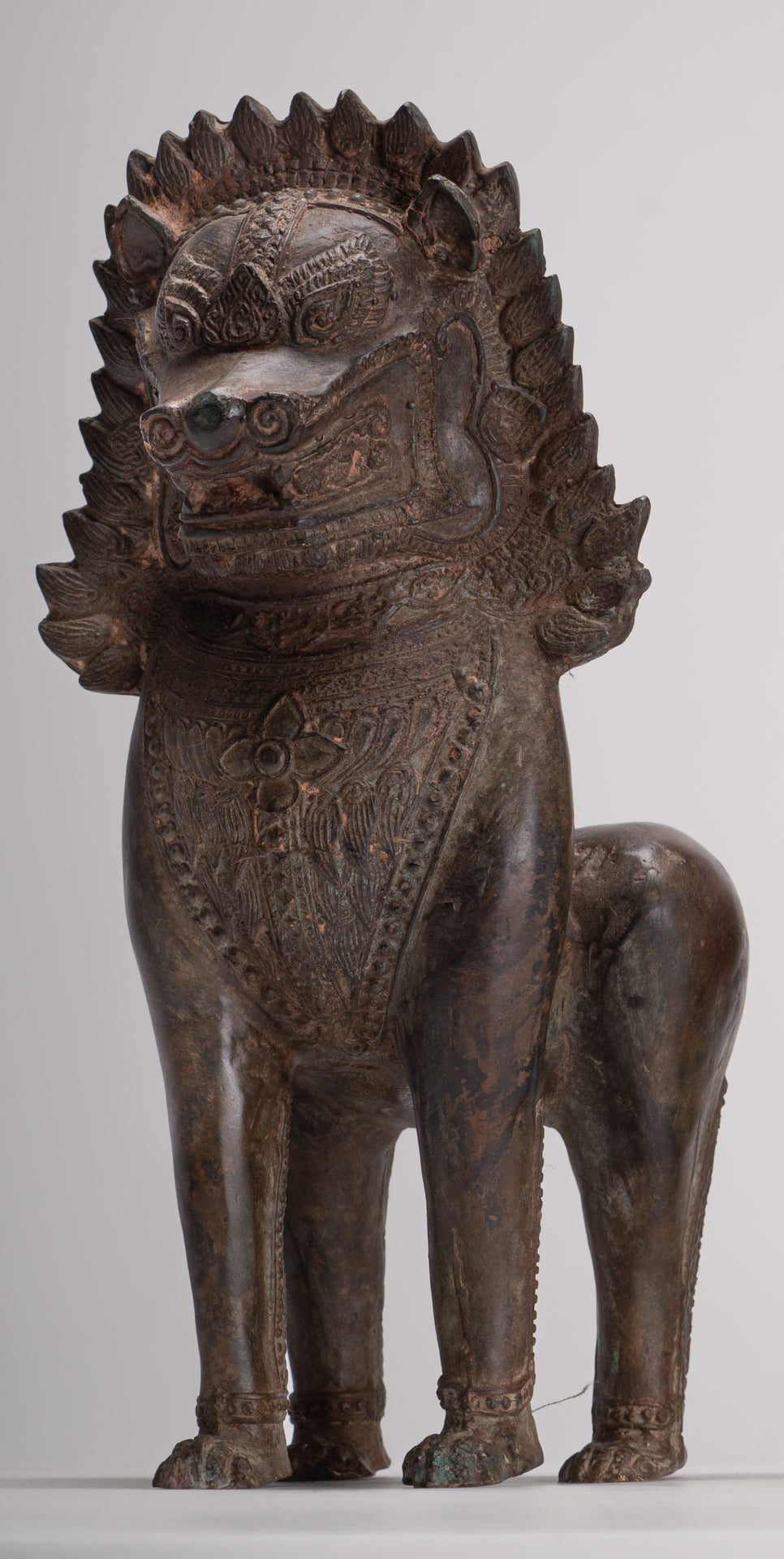 Temple Lion - Antique Thai Style Bronze Standing Singha Temple Guardians or Lions - 31cm/12" (Pair)