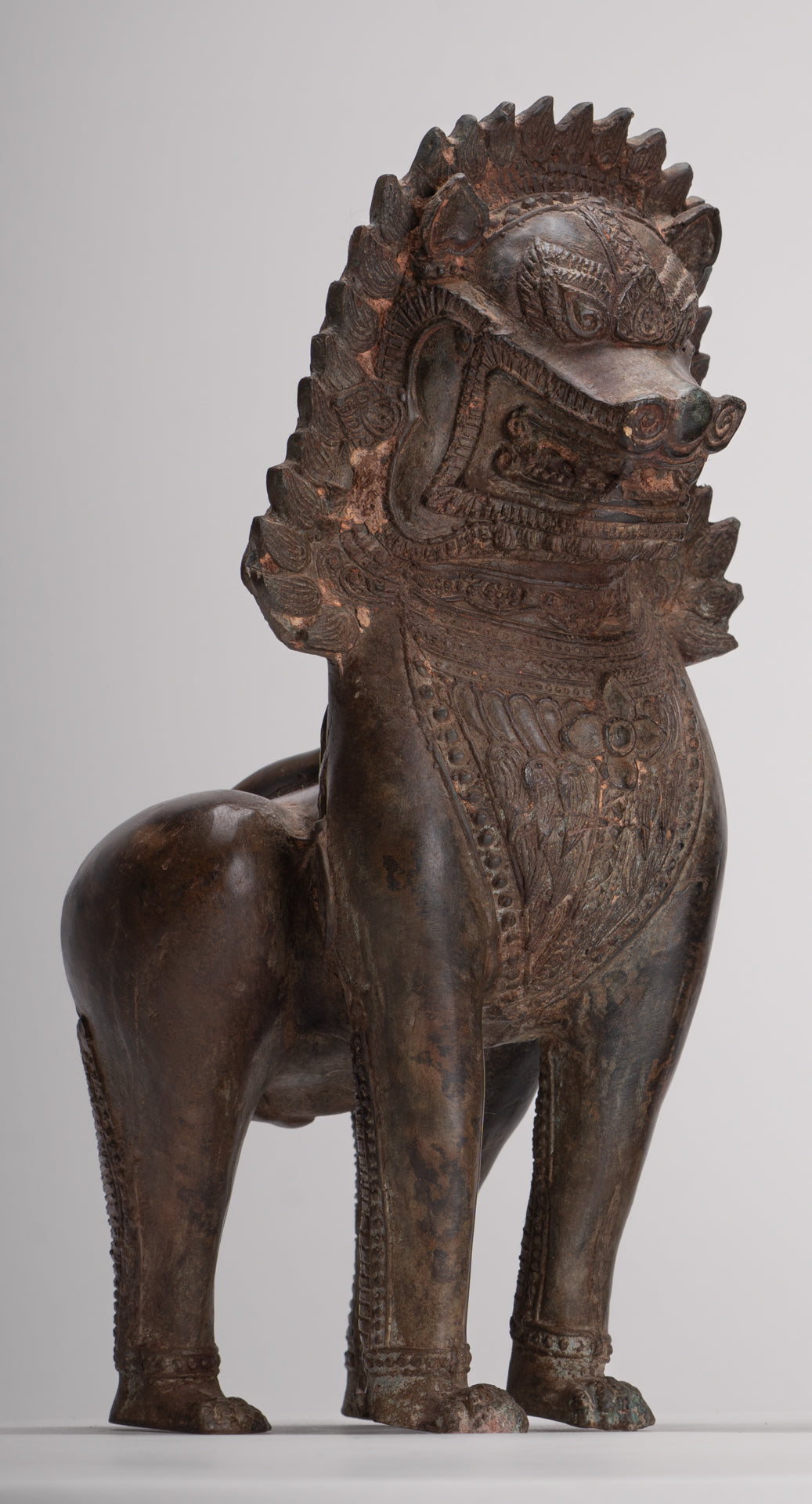 Temple Lion - Antique Thai Style Bronze Standing Singha Temple Guardians or Lions - 31cm/12" (Pair)