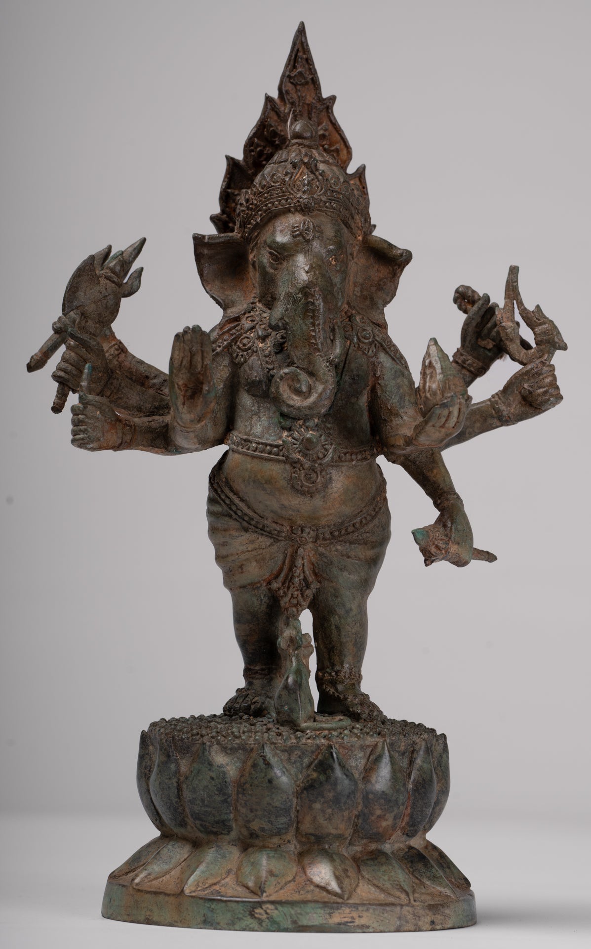 Ganesha Statue - Antique Thai Style Bronze Standing 8-Arm Ganesha Statue - 29cm/12"