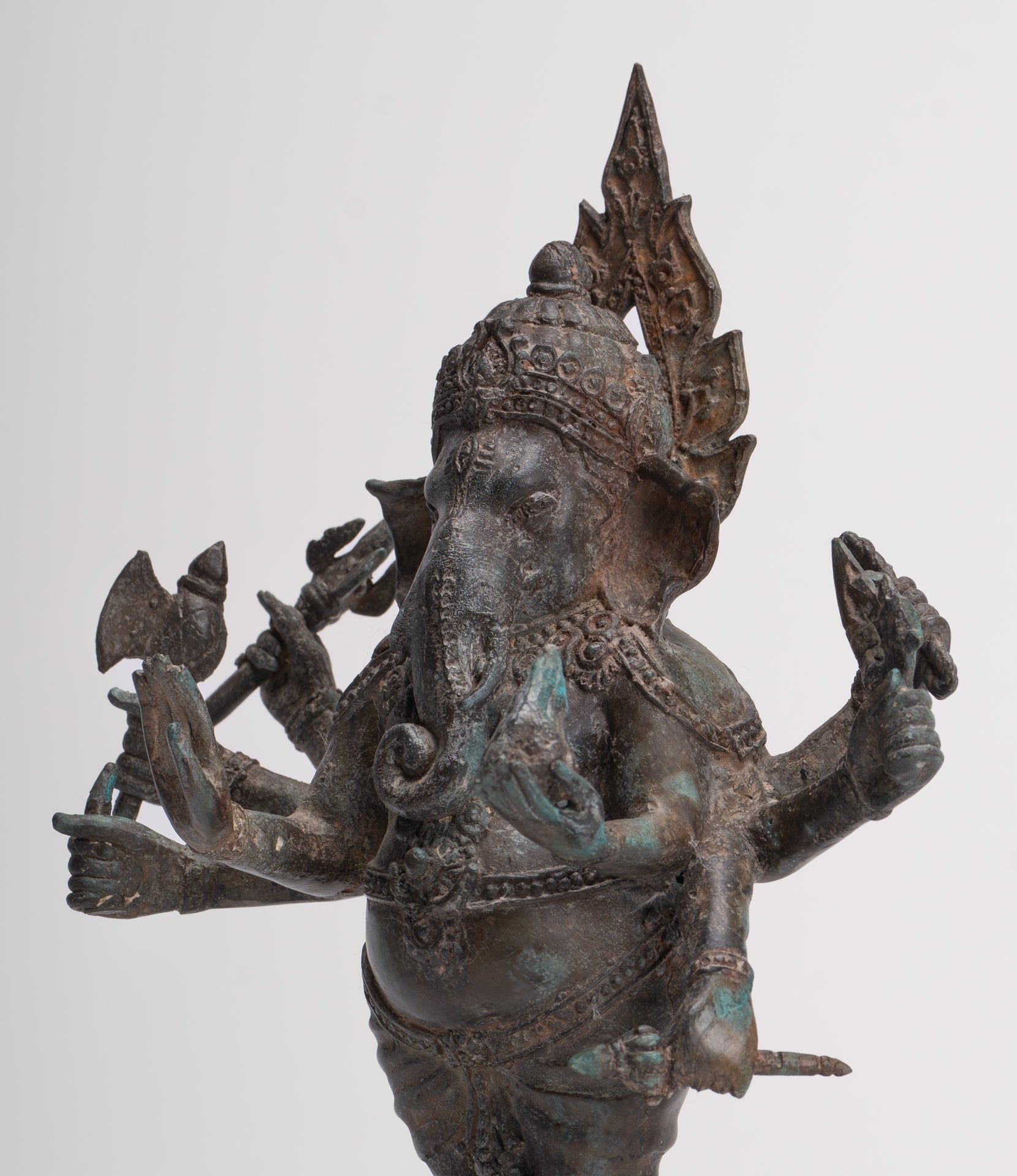 Antique Thai Style Bronze Standing 8-Arm Ganesha Statue - 28cm/11"