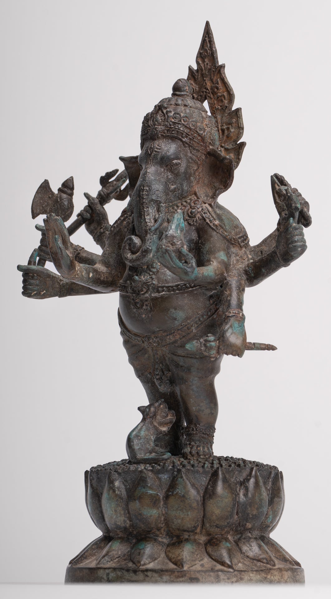 Antique Thai Style Bronze Standing 8-Arm Ganesha Statue - 28cm/11"