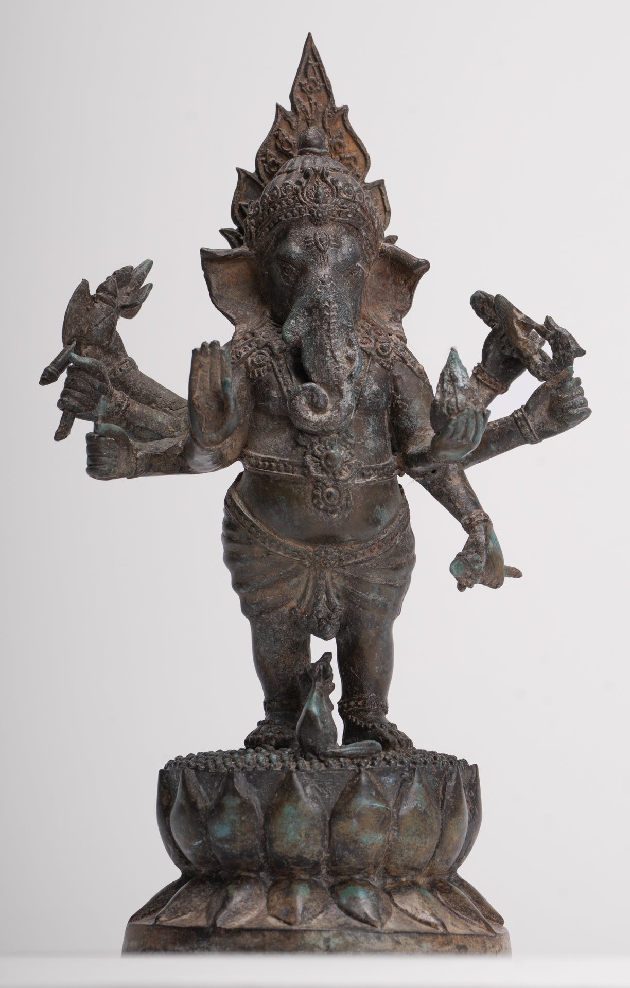 Antique Thai Style Bronze Standing 8-Arm Ganesha Statue - 28cm/11"
