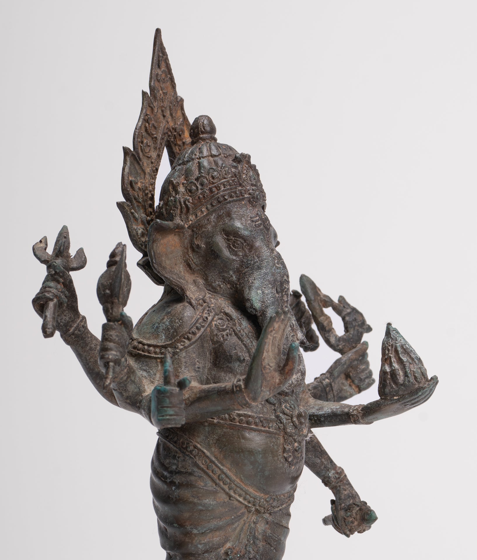 Antique Thai Style Bronze Standing 8-Arm Ganesha Statue - 28cm/11"