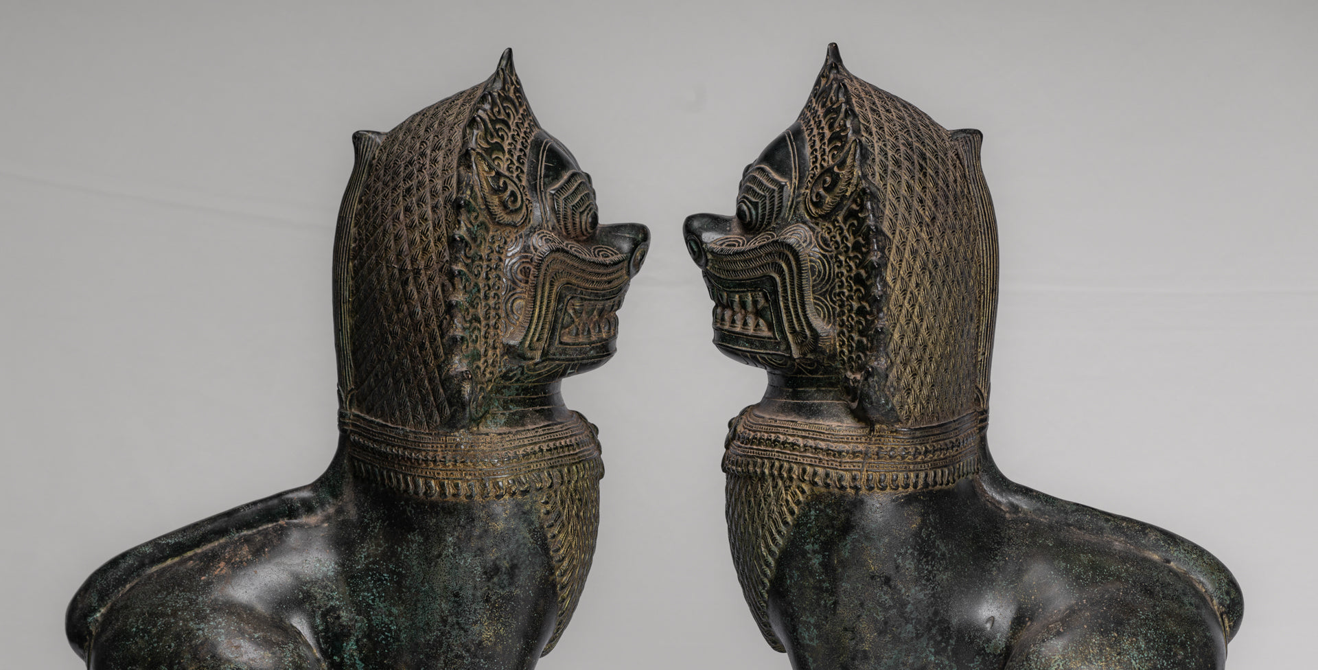 Temple Lions - Antique Khmer Style Bronze Standing Temple Guardians or Lions - 54cm/22" (Pair)