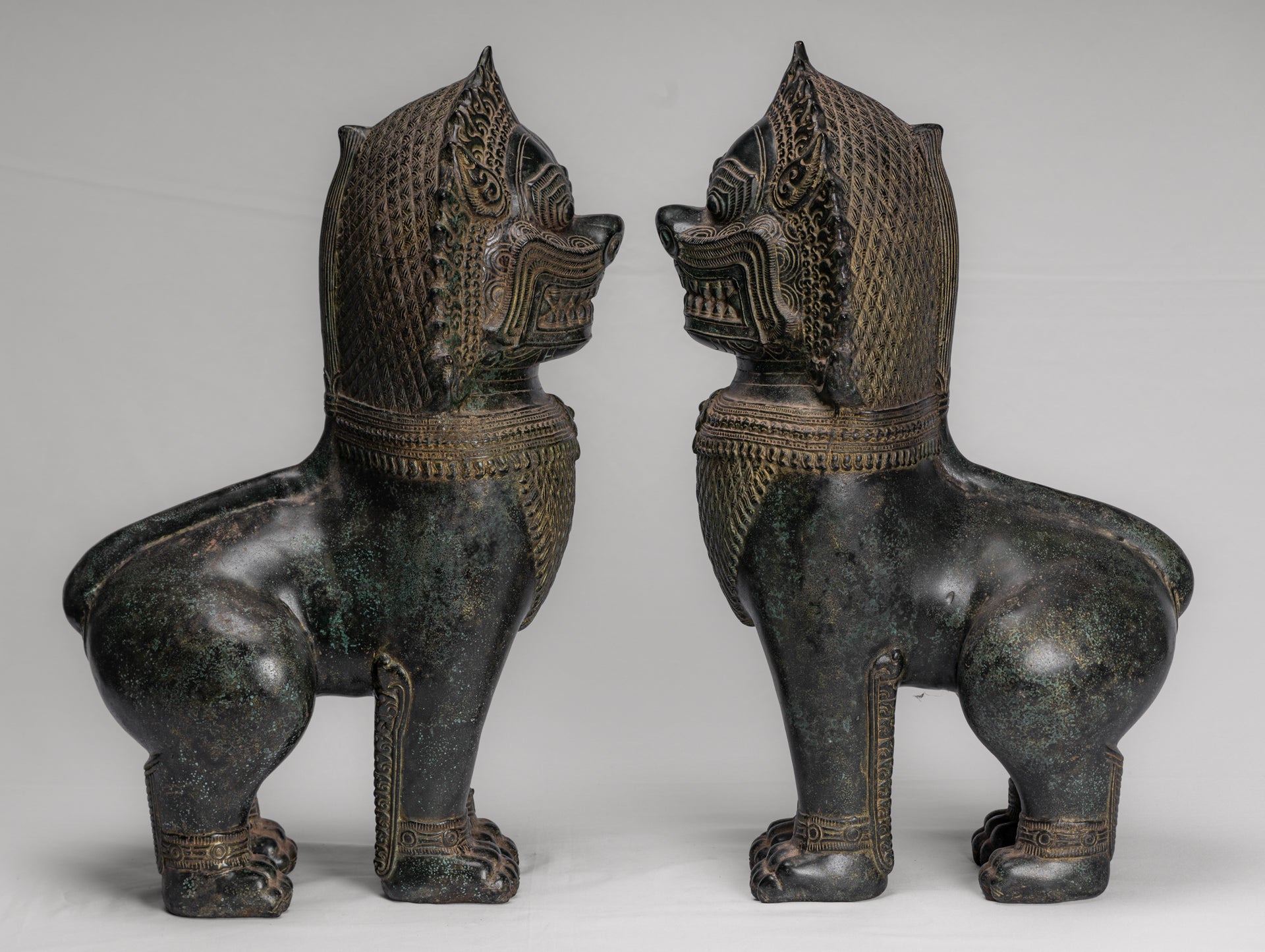 Temple Lions - Antique Khmer Style Bronze Standing Temple Guardians or Lions - 54cm/22" (Pair)