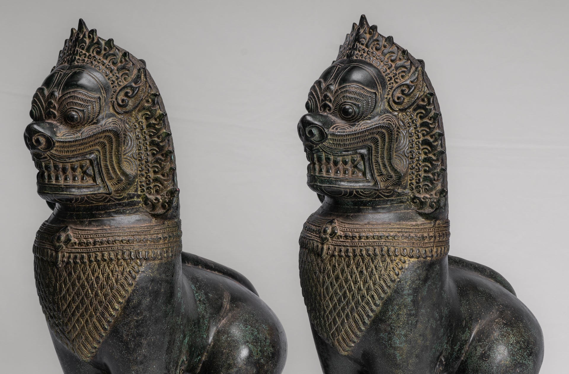 Temple Lions - Antique Khmer Style Bronze Standing Temple Guardians or Lions - 54cm/22" (Pair)