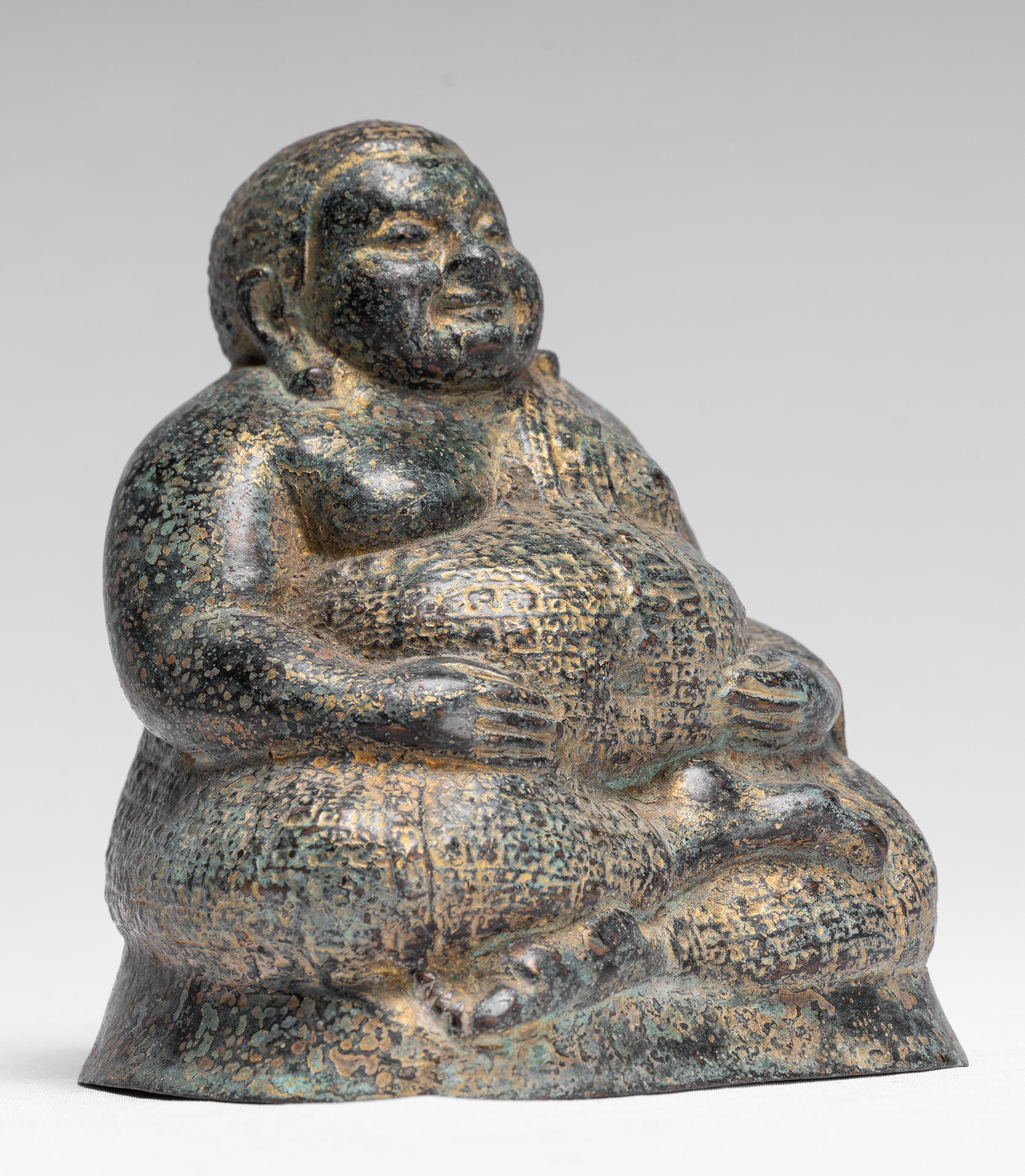 Statue di Buddha - Antique Khmer in stile Khmer Bronzo felice, grasso, statua di Buddha Budai - 18 cm/7 "