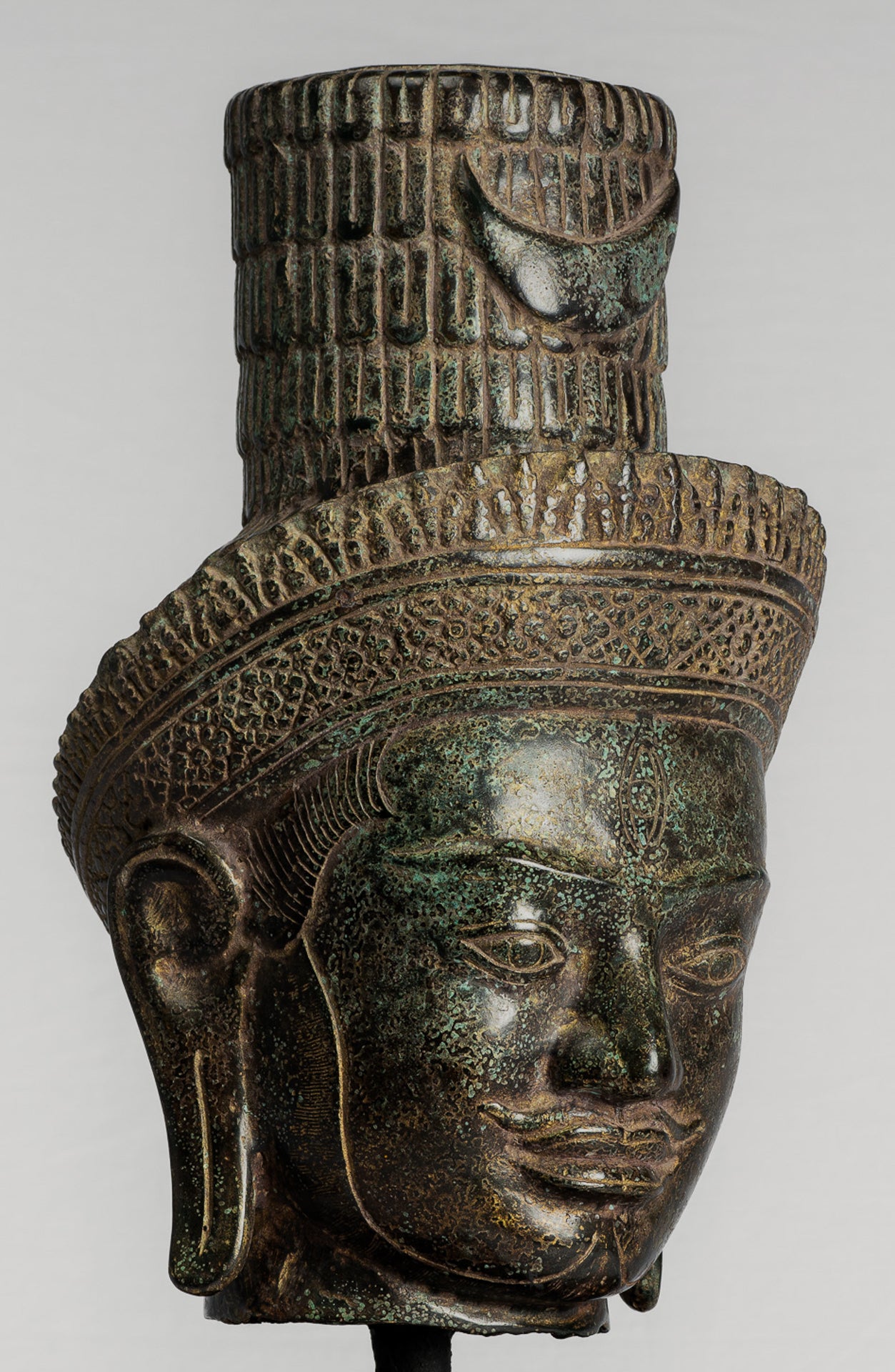 Antique Khmer Style Bronze Mounted Bakheng Shiva Head Statue - 47cm/19"