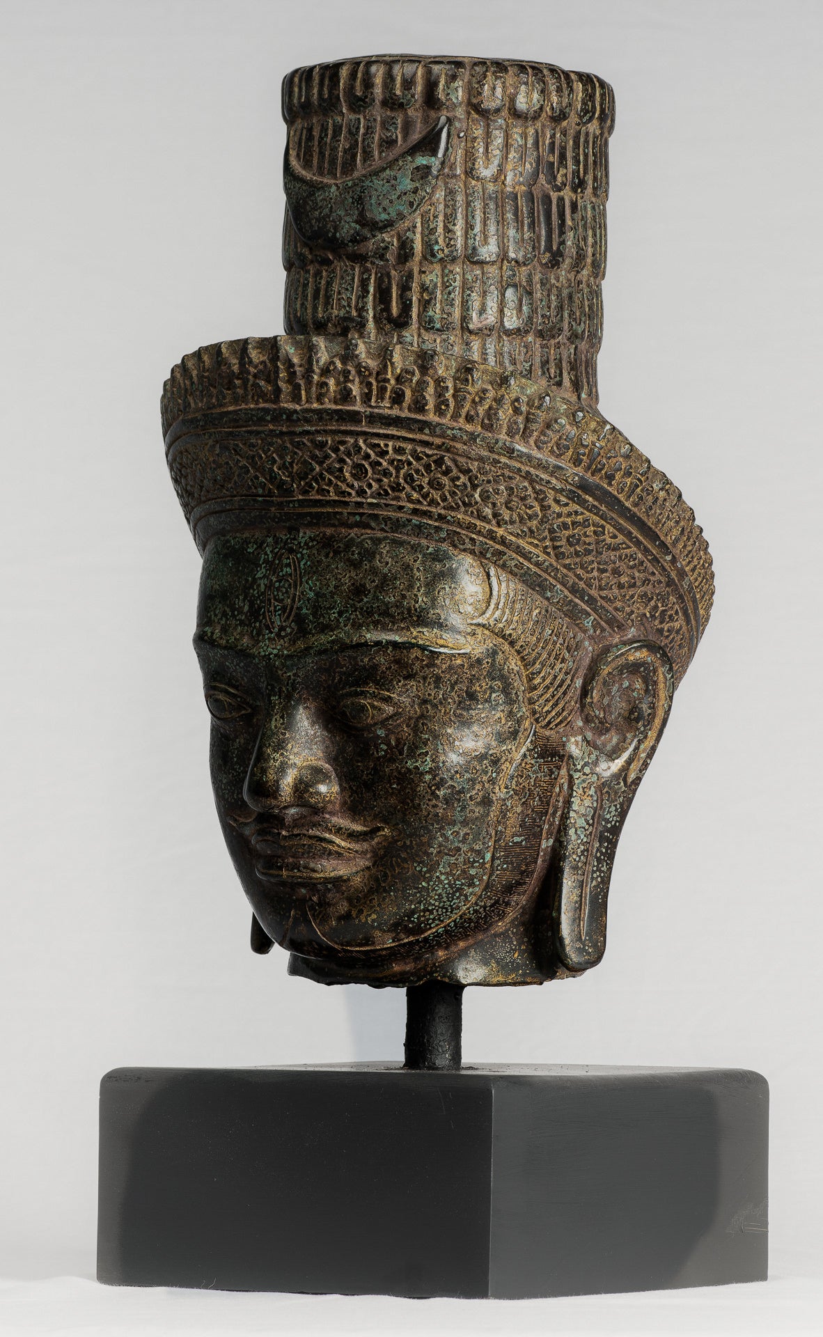 Antique Khmer Style Bronze Mounted Bakheng Shiva Head Statue - 47cm/19"