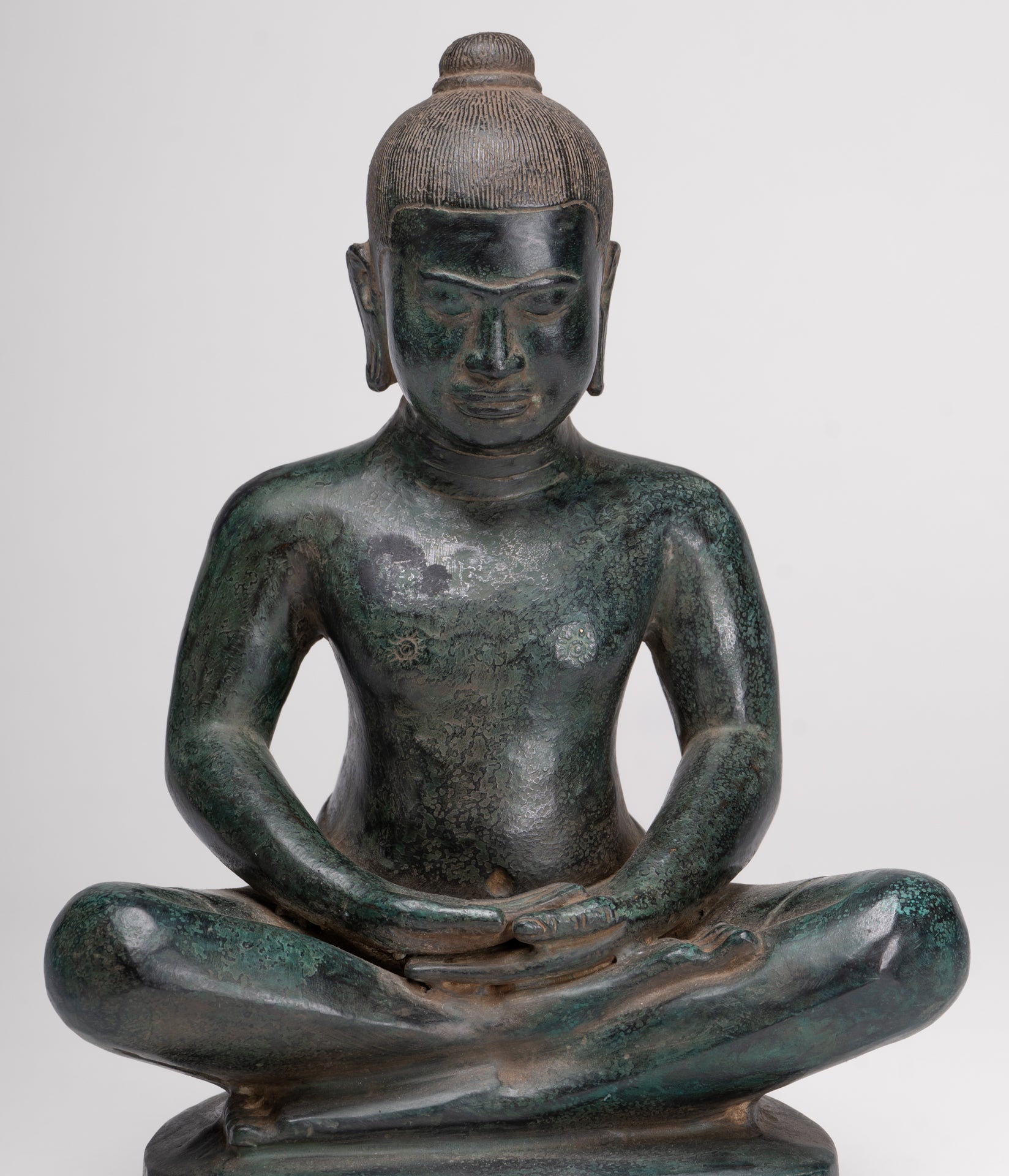Antique Khmer Style Seated Bronze Meditation Jayavarman VII Statue - 26cm/10"
