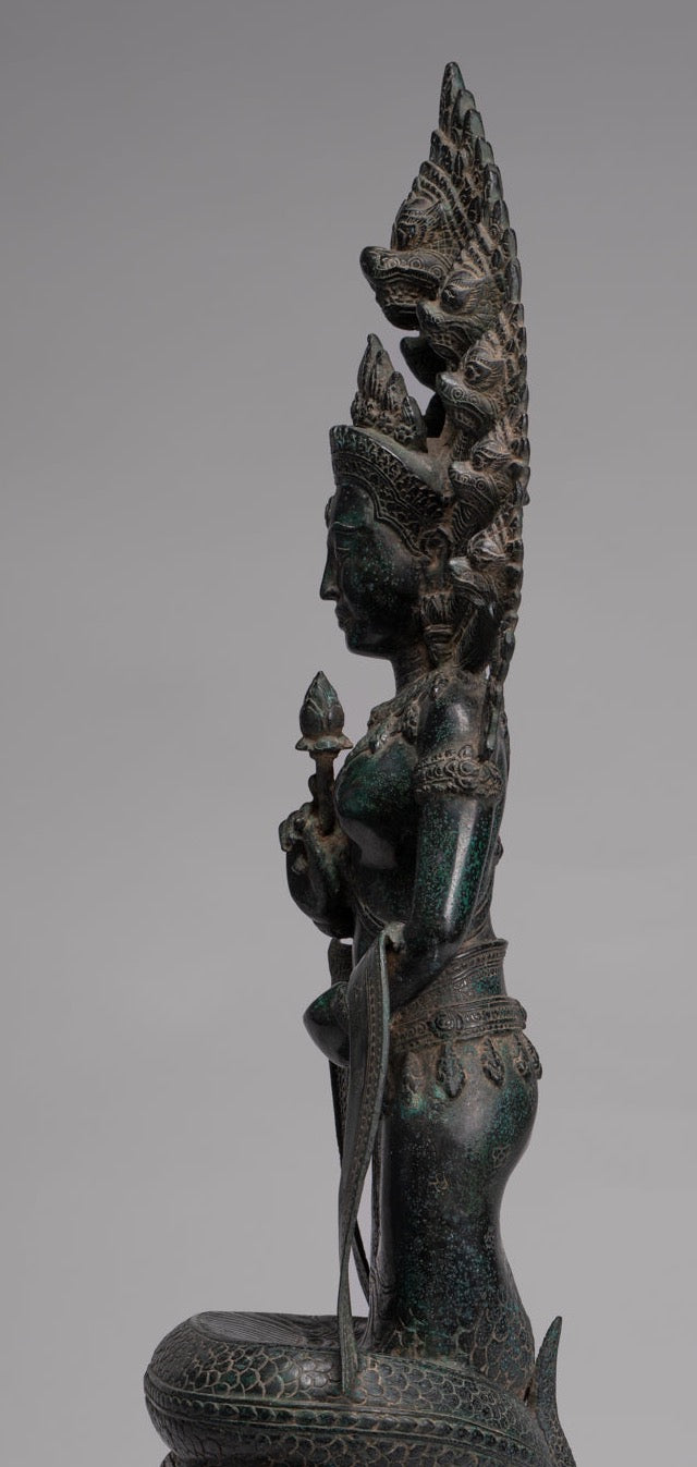 Naga Statue - Antique Khmer Style Bronze Protective 'Queen Soma' Mother of Naga, Snake or Serpent Statue - 76cm/30"
