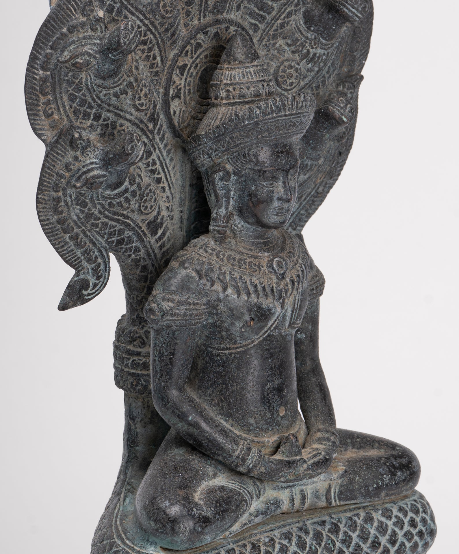 Buddha Statue - Antique Khmer Style Bronze Seated Meditation Naga Buddha Statue - 45cm/18"