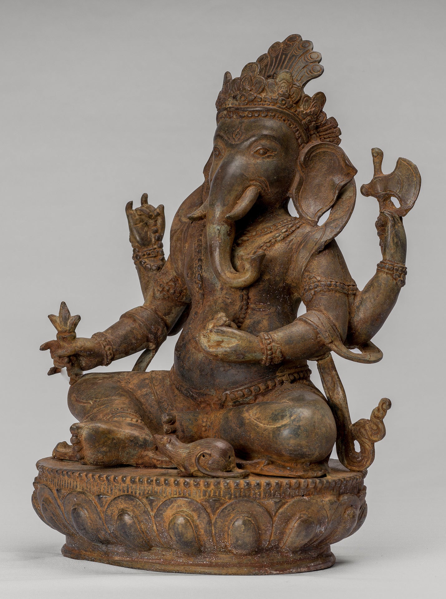 Ganesha Statue - Antique Javanese Style Bronze Seated Majapahit Ganesha Statue - 36cm/14"