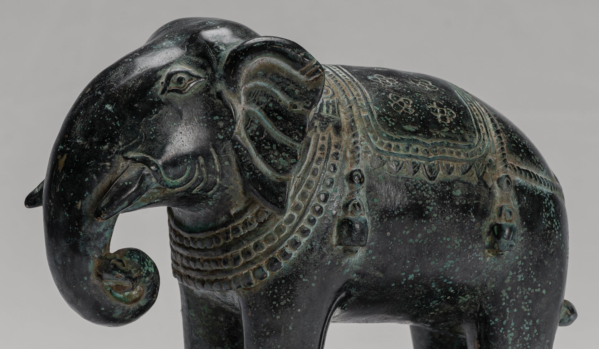 Antique Khmer Style Standing Bronze Elephant Statue - 17cm/7" Tall