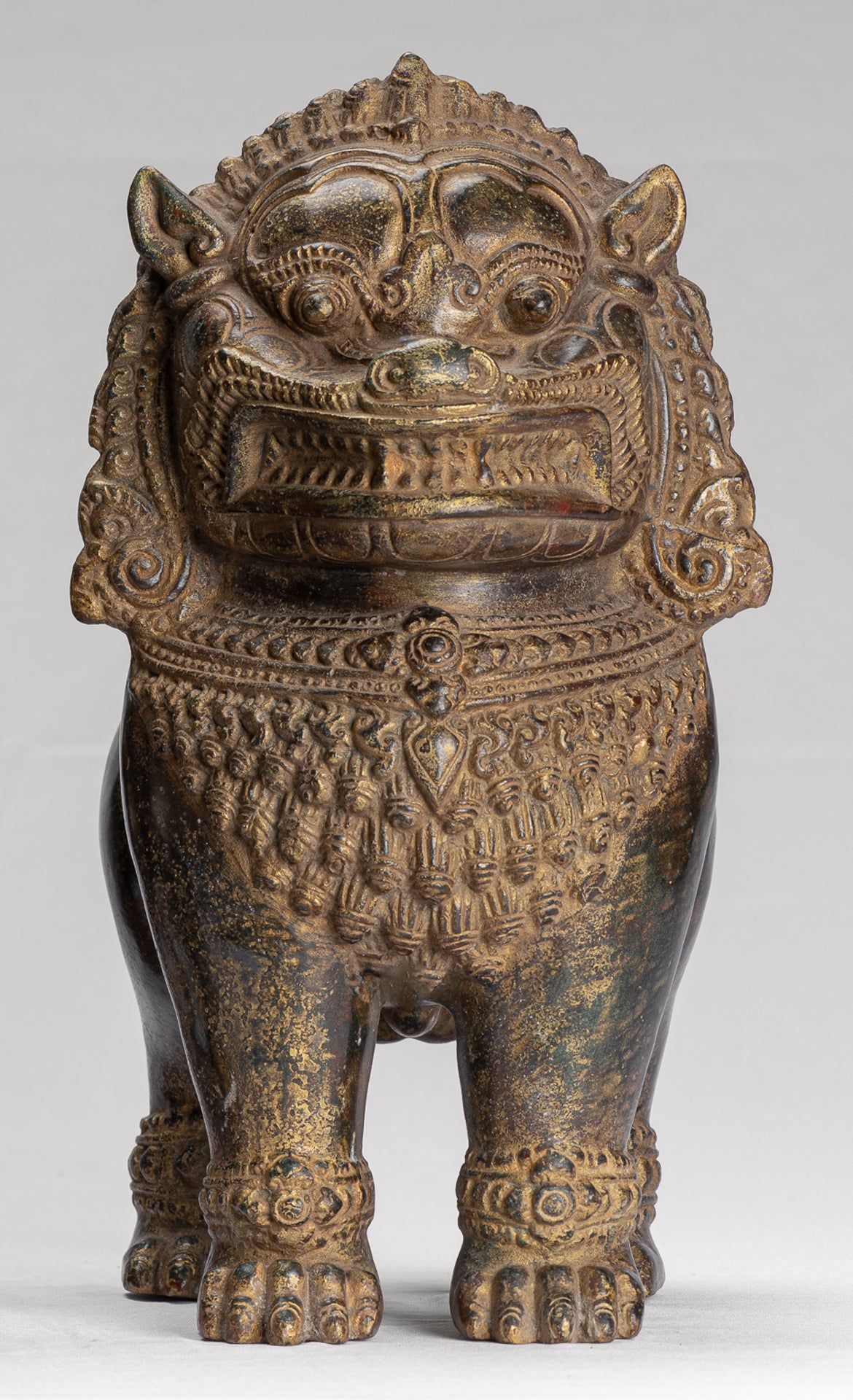 Temple Lion - Antique Khmer Style Bronze Standing Temple Guardian or Lion - 31cm/12" (Pair)