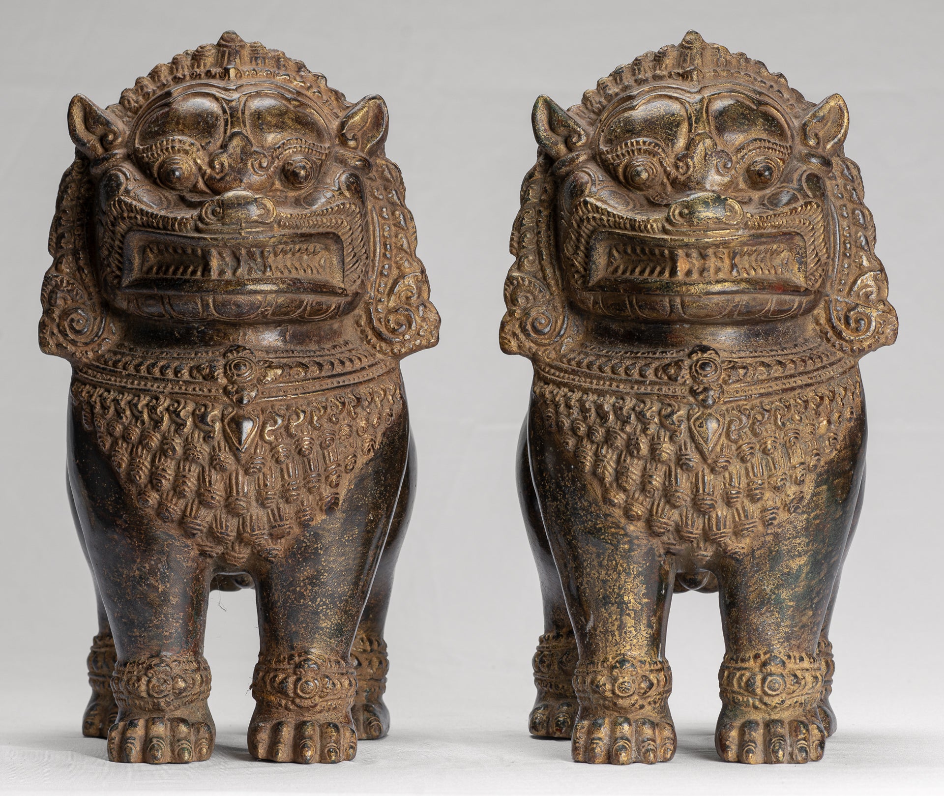 Temple Lion - Antique Khmer Style Bronze Standing Temple Guardian or Lion - 31cm/12" (Pair)