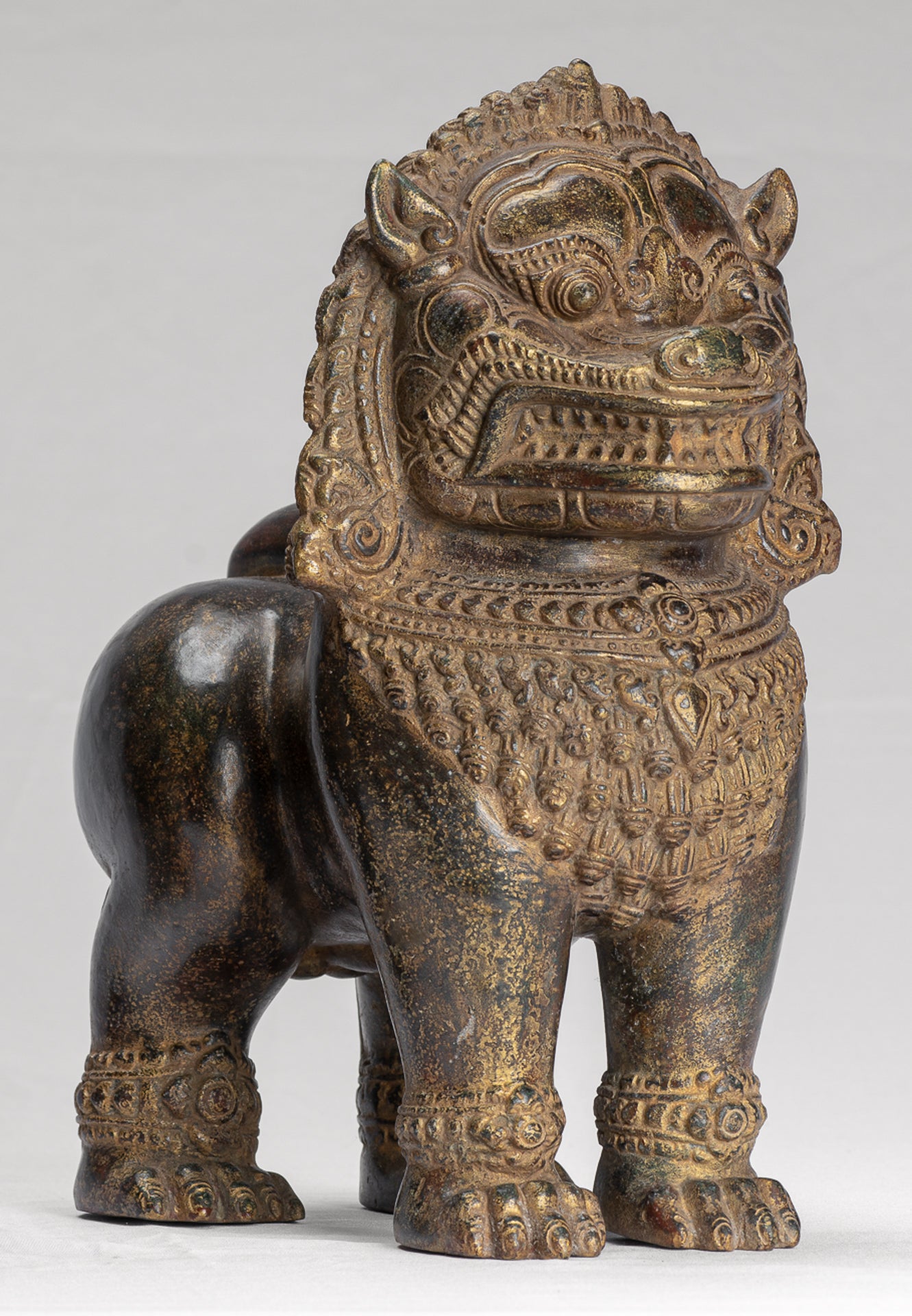 Temple Lion - Antique Khmer Style Bronze Standing Temple Guardian or Lion - 31cm/12" (Pair)