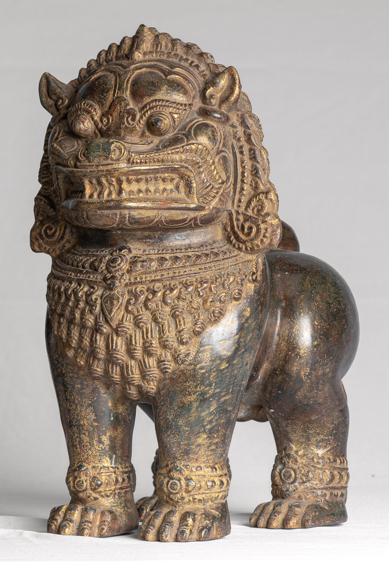 Temple Lion - Antique Khmer Style Bronze Standing Temple Guardian or Lion - 31cm/12" (Pair)