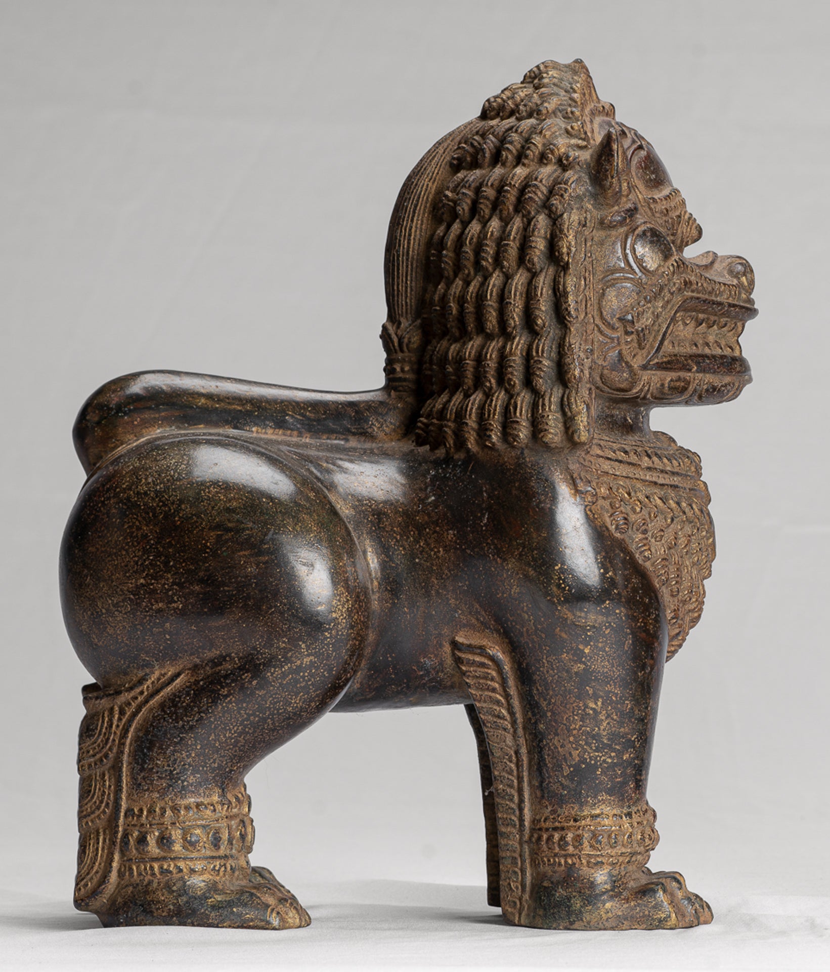 Temple Lion - Antique Khmer Style Bronze Standing Temple Guardian or Lion - 31cm/12" (Pair)